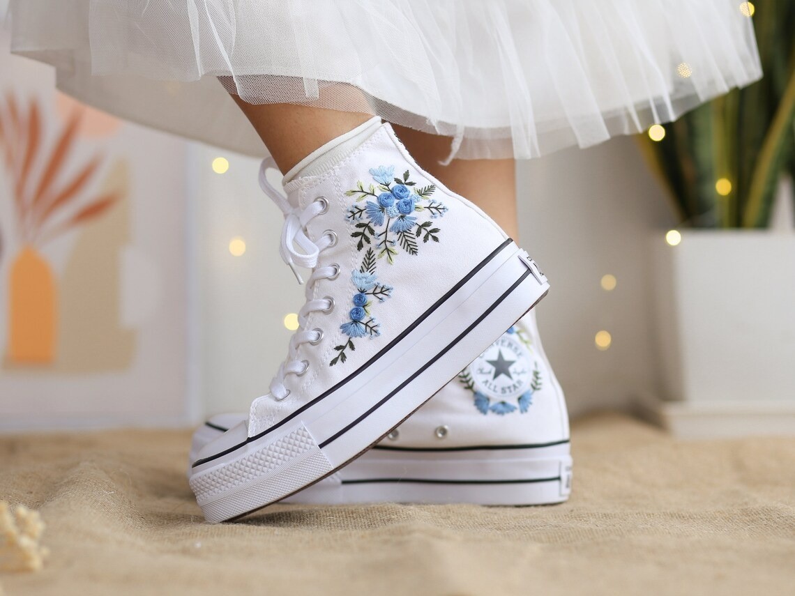 Custom Converse Platform Shoes Floral Embroidered Bridal Sneakers White