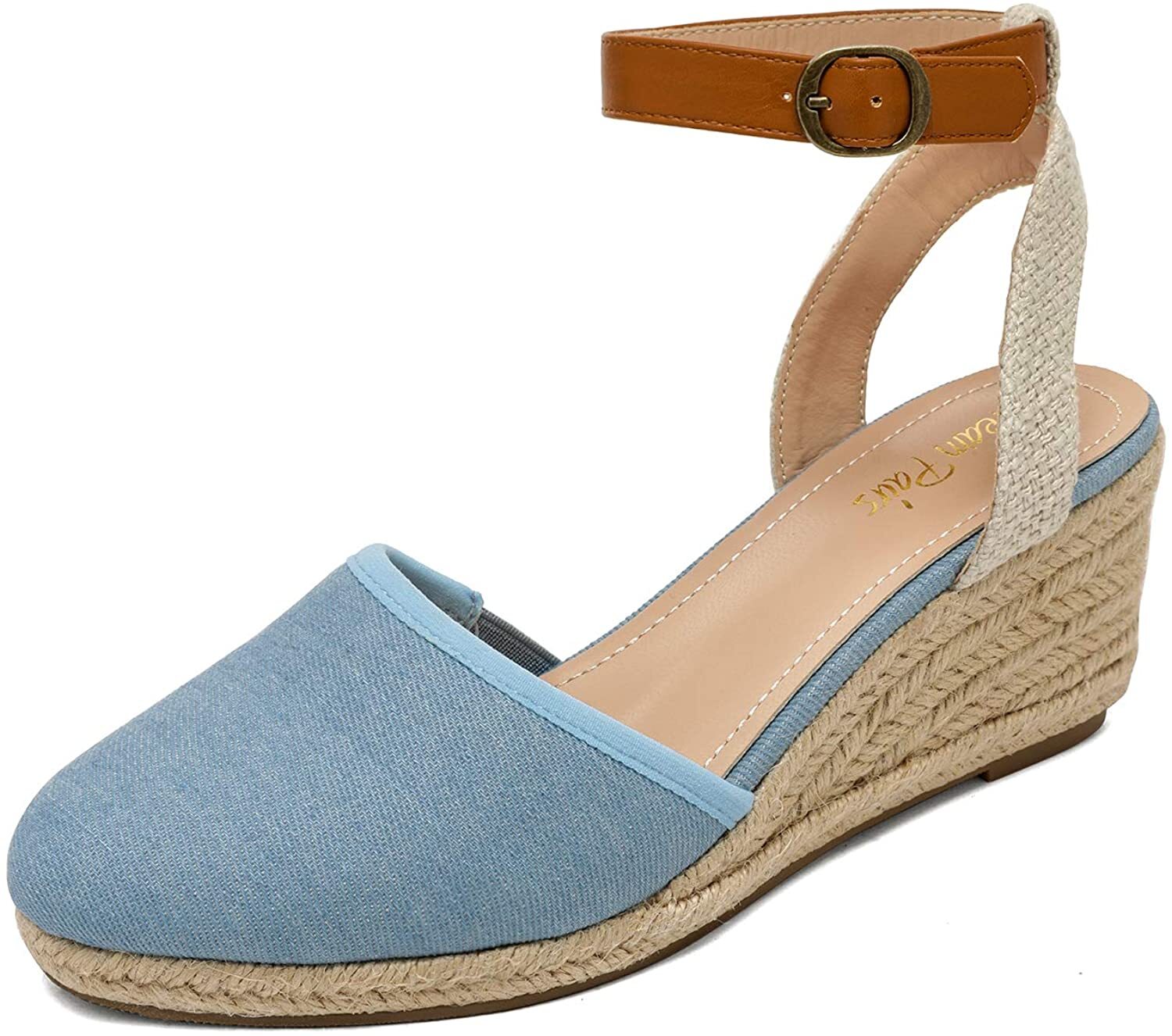 Women Espadrille Wedge Sandals Ankle Strap Round Close Toe Dress Casual Shoes