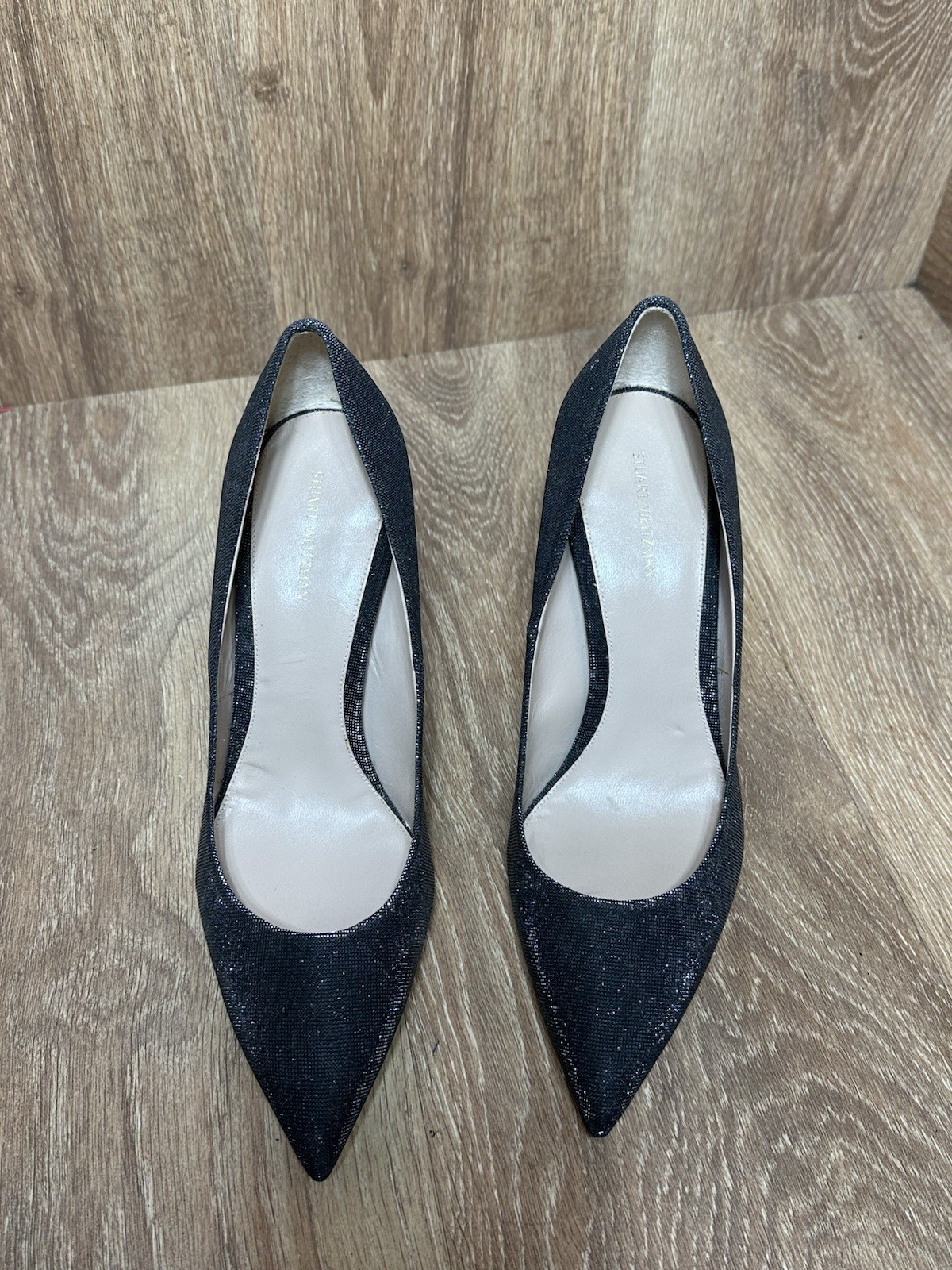 Stuart Weitzman Gunmetal Metallic Black Silver PointedToe Heels 39.5/ 8.5 Pumps