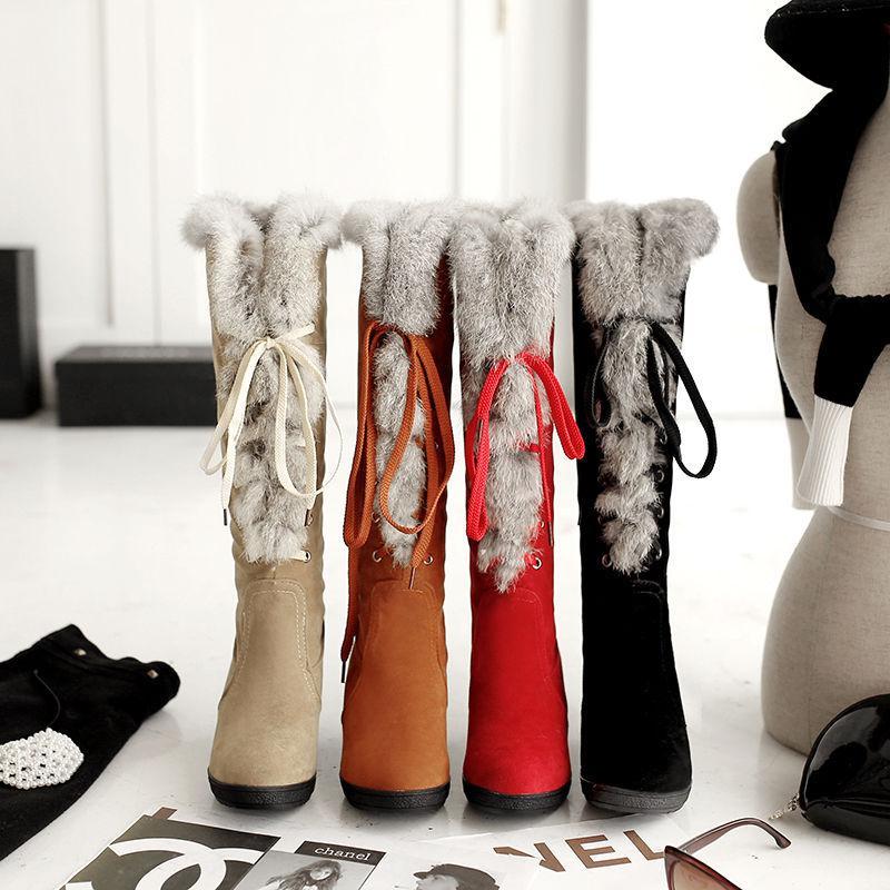 Women Snow Boots Wedges Platform Lace Up Knee High Boots Fur Trim Winter Shoes