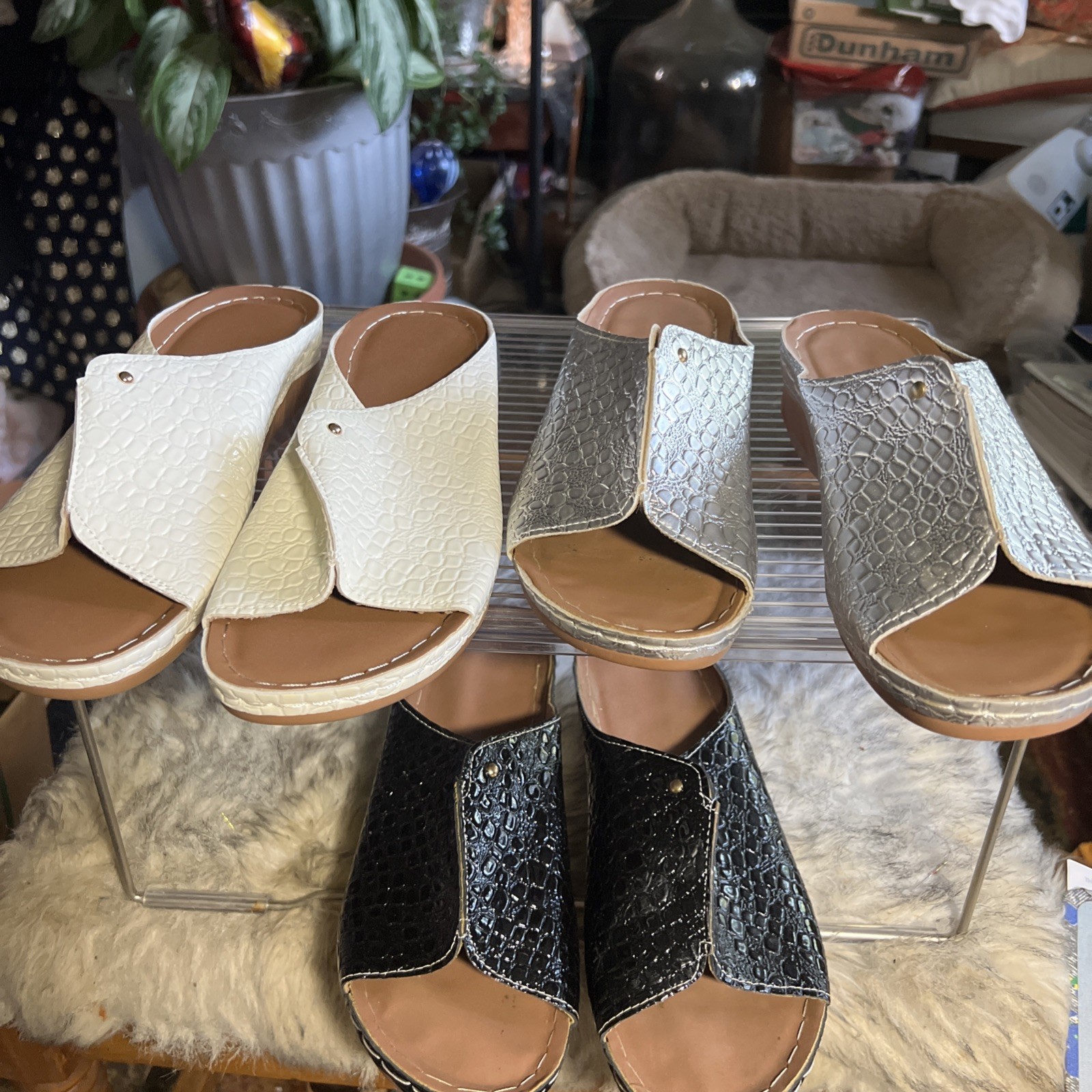 Three pair lot shiny silver black white Patent Finish Women’s Sandles 9 croc