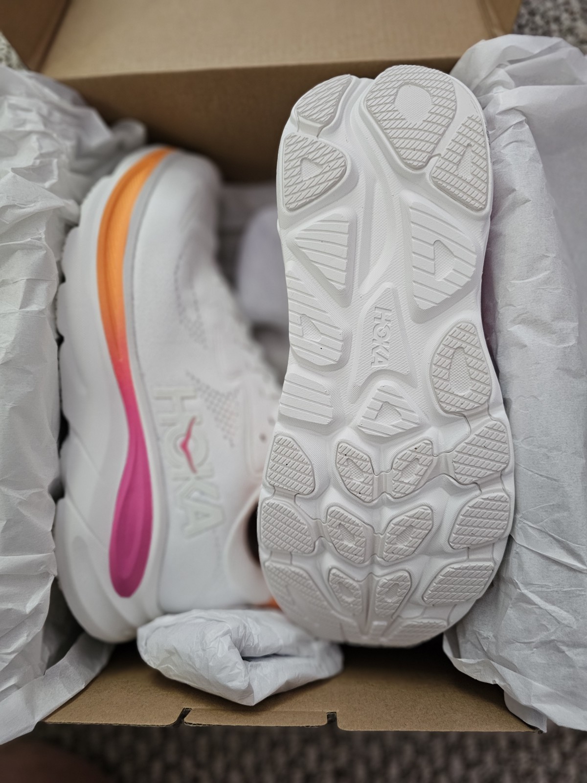 Hoka One One Clifton 10 White Hot Pink/Orange Athletic Running Shoe W 10B WTLC