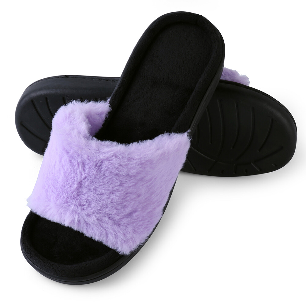 Aerusi Women Fashion Comfort Warm Faux Fur Open Toe Slippers House Shoes 6-9