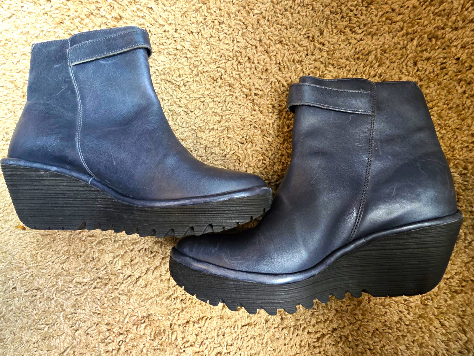 Fly London YAW Navy Blue Leather Wedge Side Zip Ankle Boots Women’s EU 40 US 9