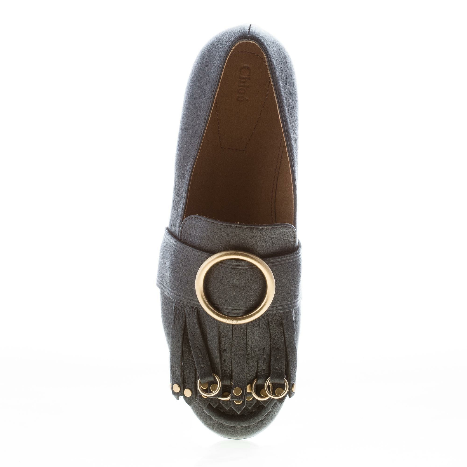 CHLOE’ women shoes Olly black leather loafer long fringes gold ring CH29160E42
