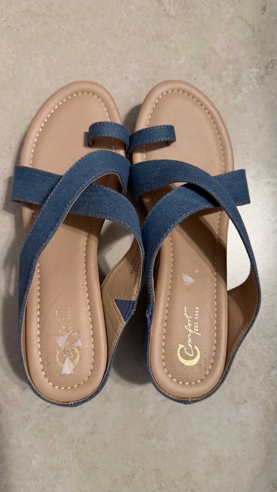 Comfort Women’s Denim Cork Wedge Sandals Size 9 Slip On Casual Summer Shoes