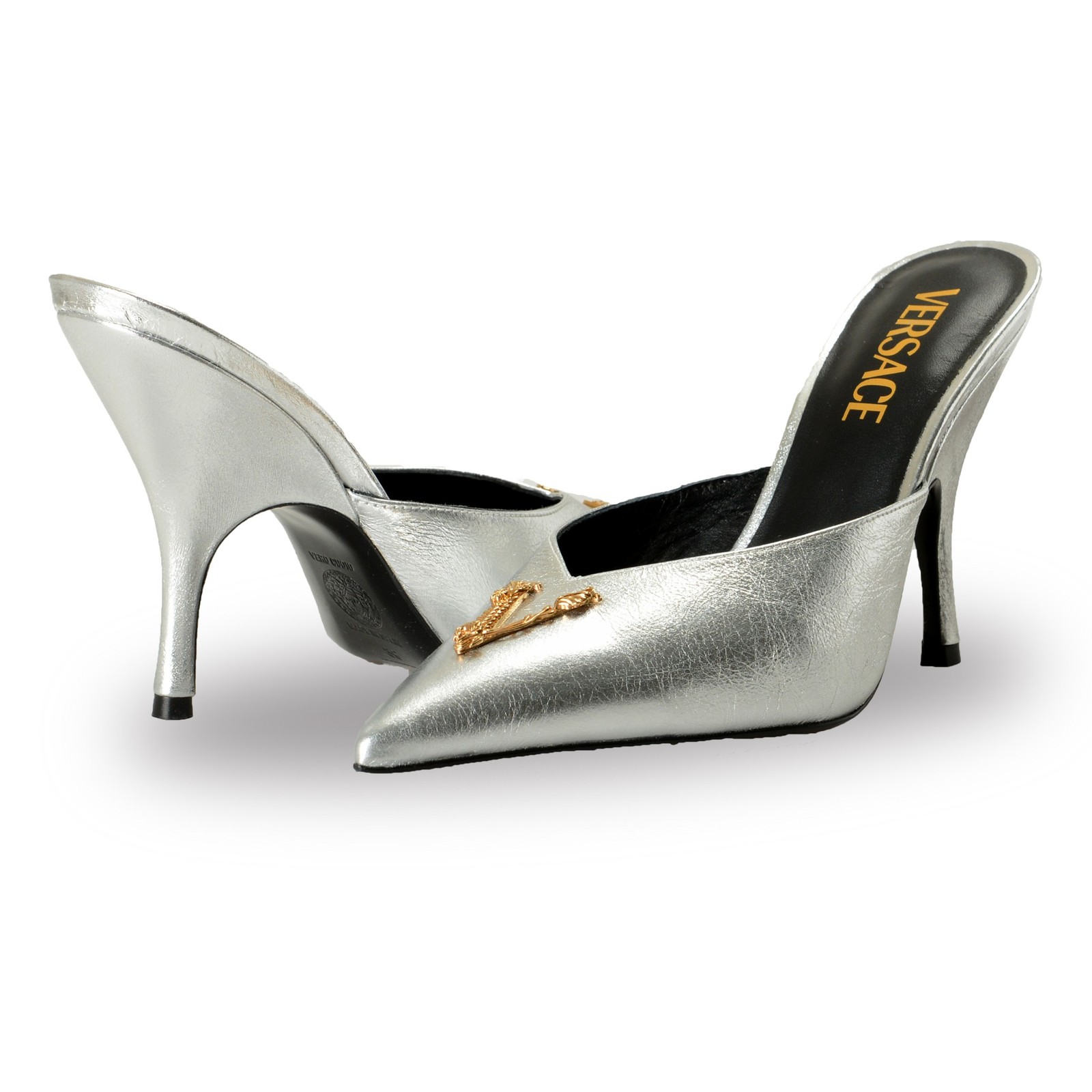 Versace Women’s V Logo 100% Textured Leather Heeled Mules Shoes US 6 IT 36