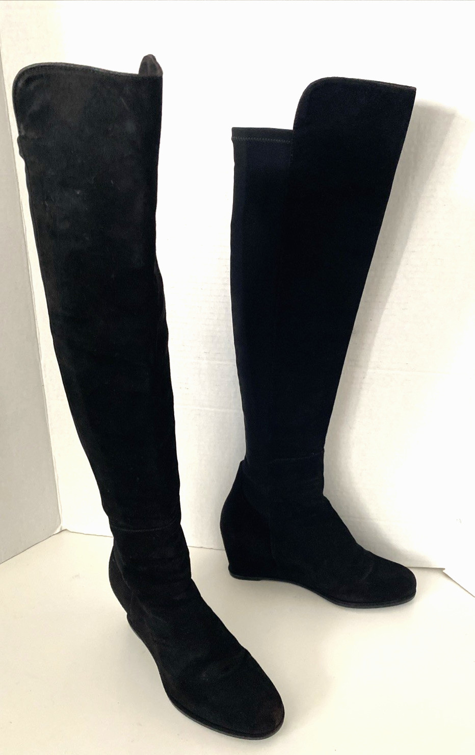 Stuart Weitzman Semi Boot Tall Stretch Back Suede Wedge Round Black OTK 5