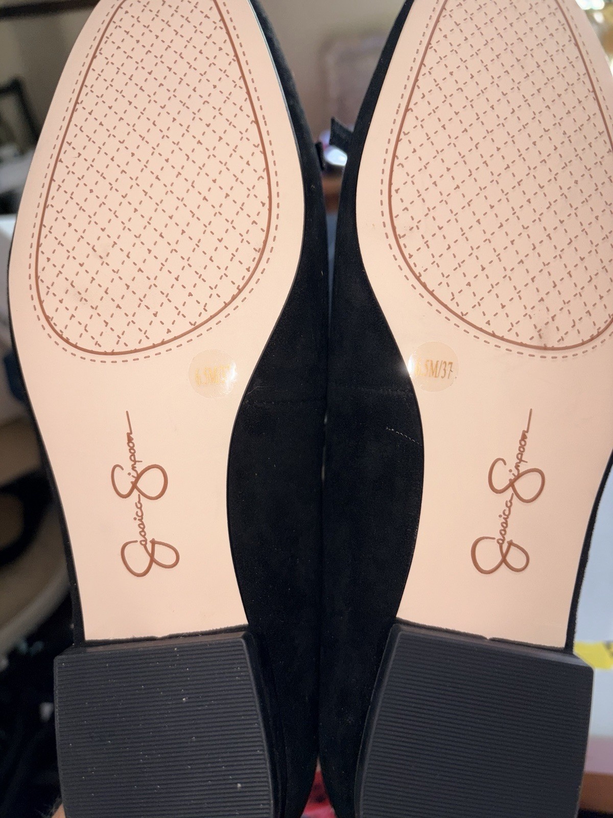 Jessica Simpson Women’s Mary Jane Flats Black Faux Suede Pearl Bow Buckle US 6.5
