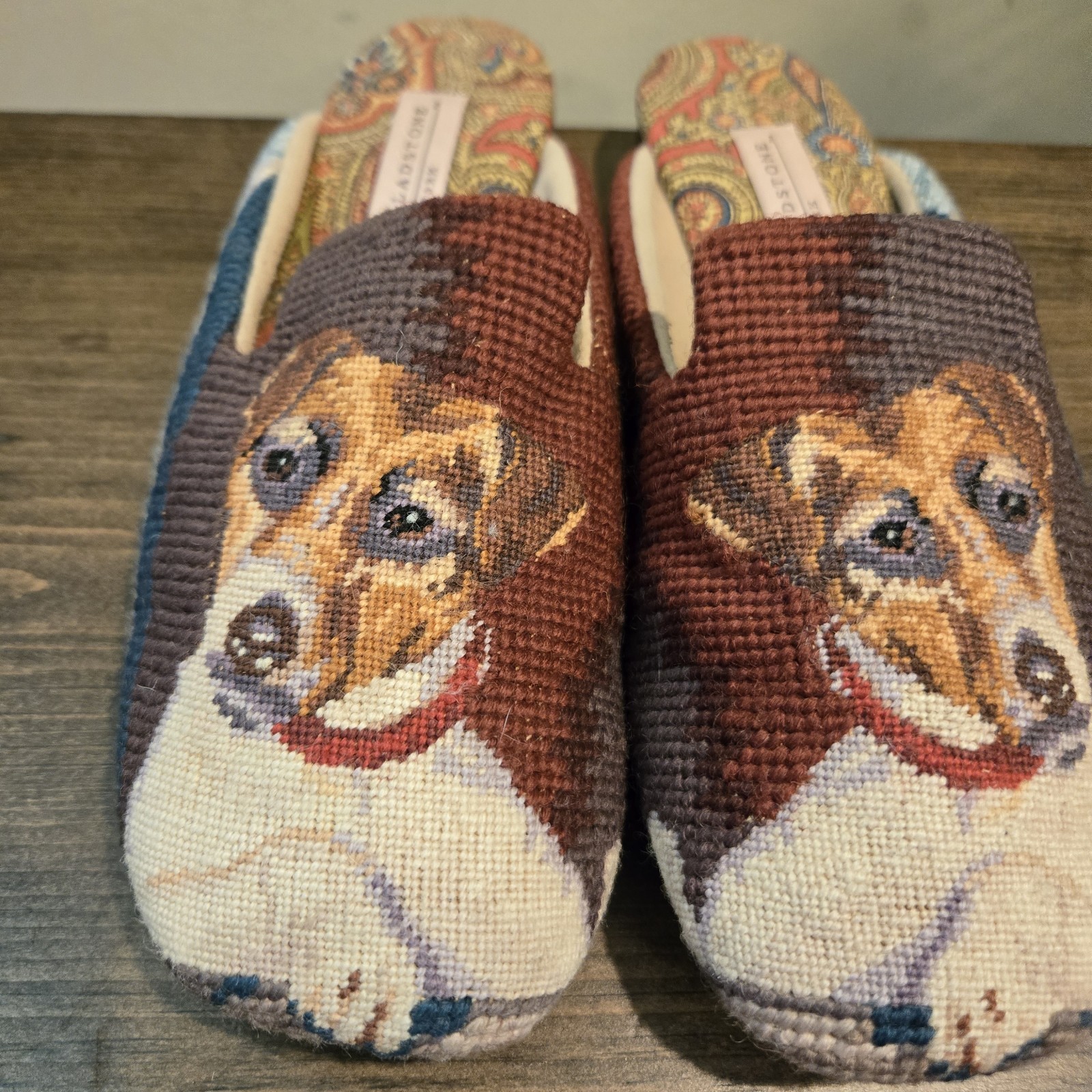 Amy Jo Gladstone NY Jack Russell Mules Slippers Women’s M (7-7.5) Needlepoint