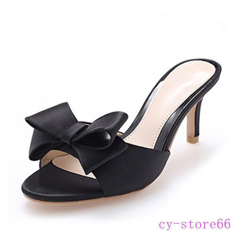 Womens Mules Bowknot Open Toe Party High Heels Stilettos Slip On Slipper Sandals