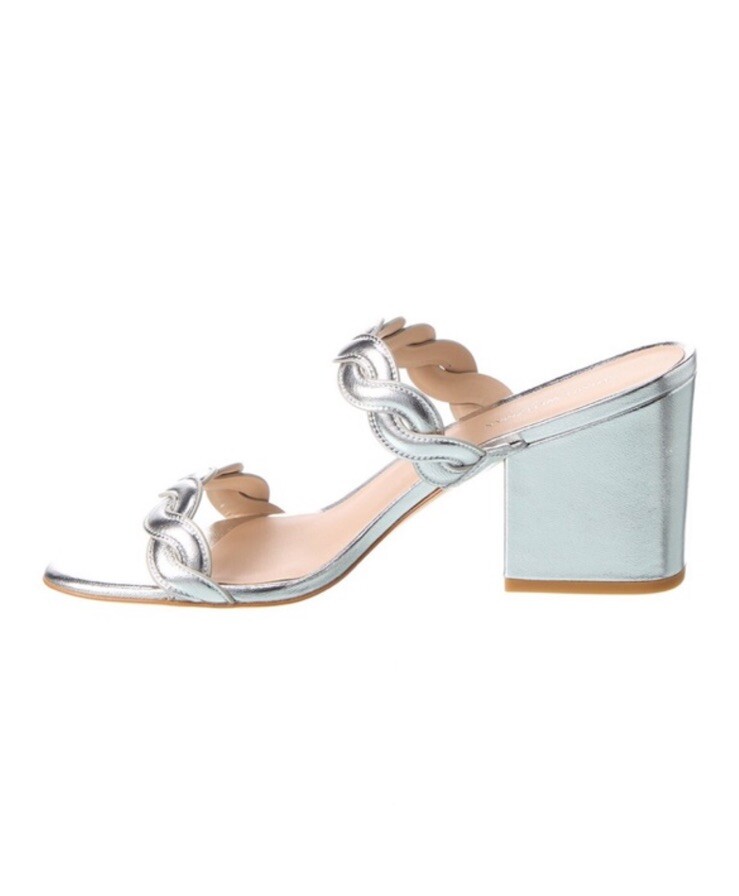 NEW$475 STUART WEITZMAN Twistie Block 75 Metallic Mule Platinum US9/UK6.5/EU39.5