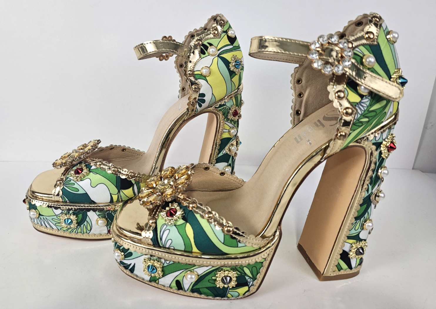 Retro 70s Style Rhinestone Pearl Embellished Platform Shoe Sandals S10 Jeweled