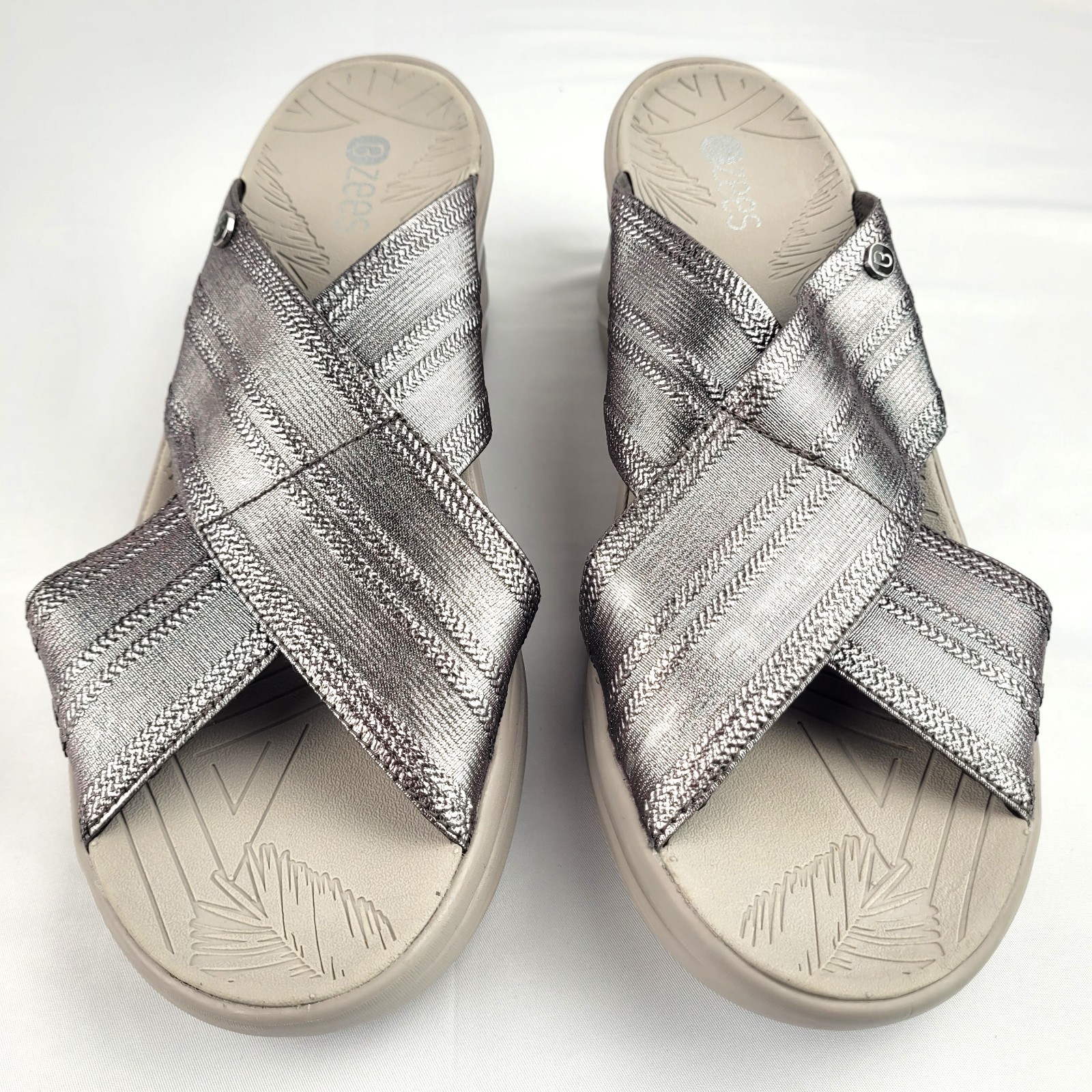 Bzees Vista Sandals Women’s 11M Silver X Band Wedge Slide Comfort Summer Casual