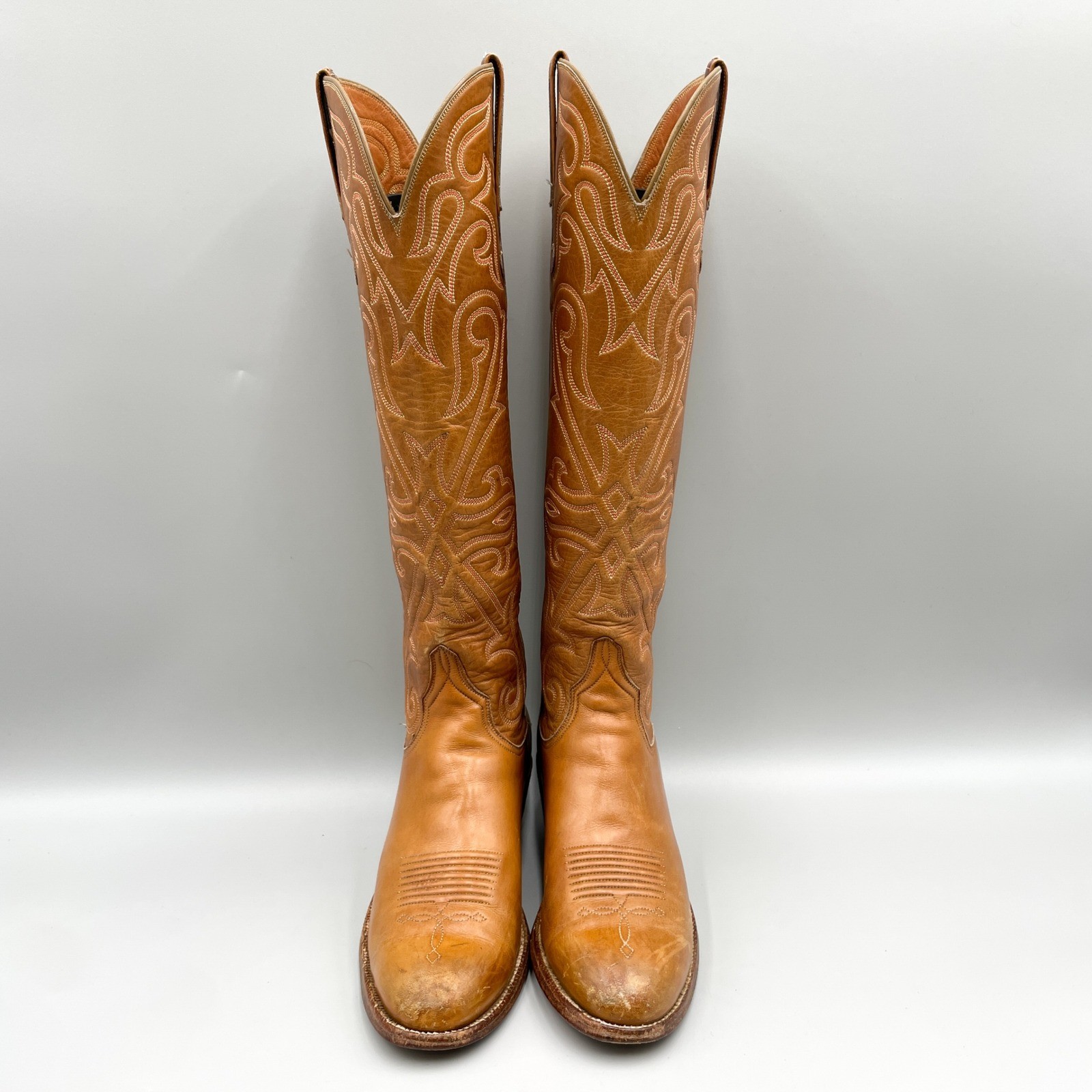 Vintage Lucchese Womens 6B Tan Leather Tall Western Cowboy Riding Boots Coastal