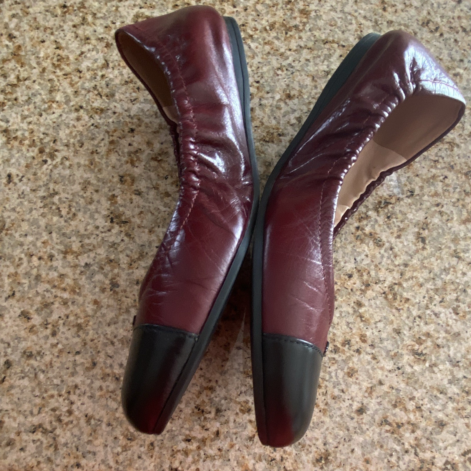 PRADA Women’s Burgundy Black Leather Cap Toe Ballet Flats Logo Slip-On US 8