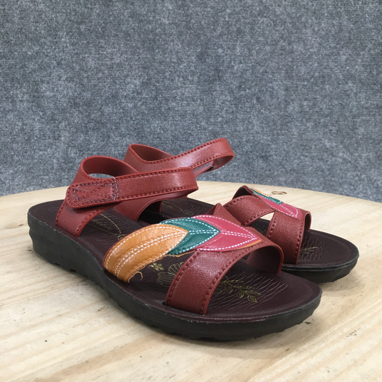 ABCDE Fashion Ankle Strap Sandal Womens 39 Red Multicolor Low Wedge Open Toe