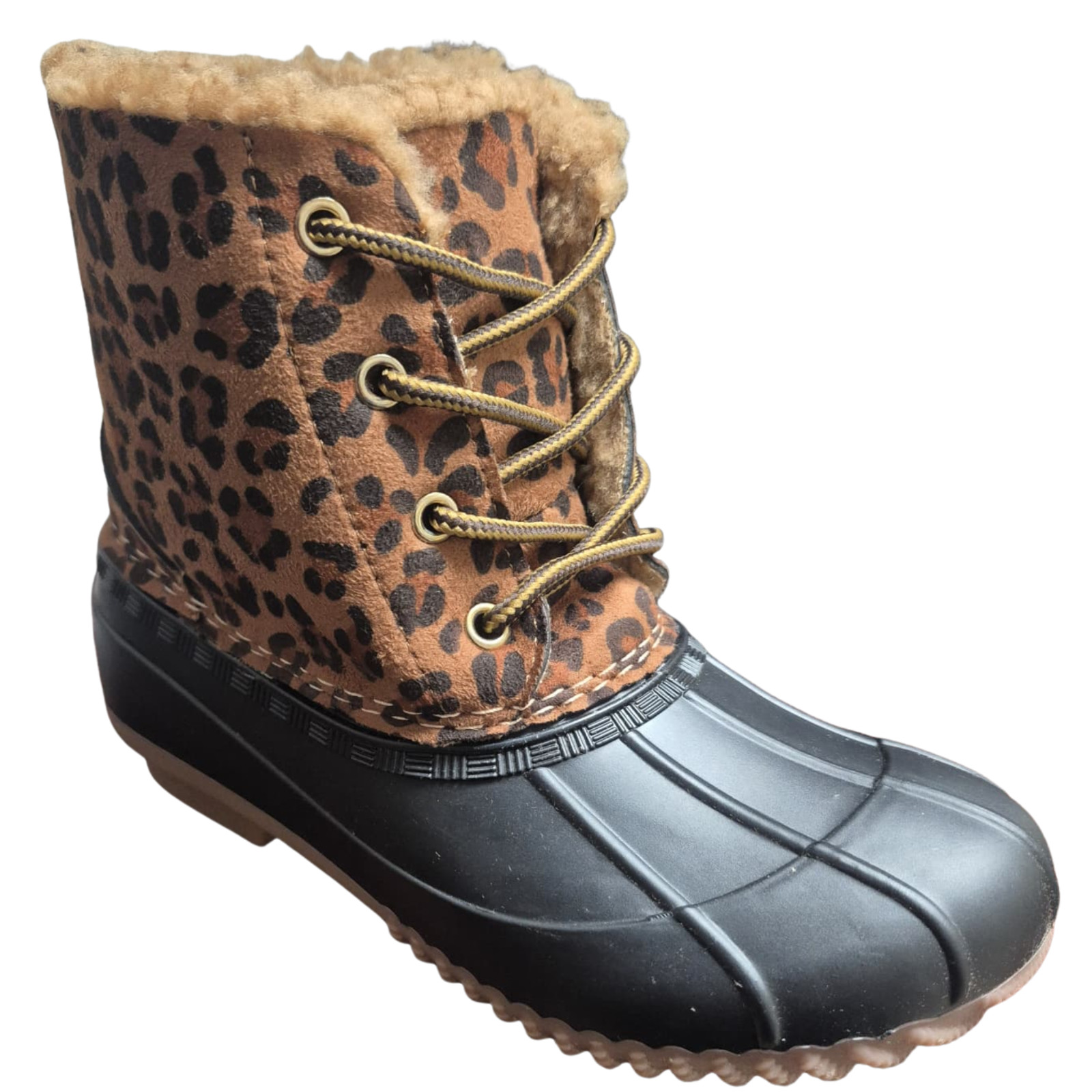 Olivia Miller Girls Lace-Up Duck Boots Size 12 – Leopard Faux Fur Lined