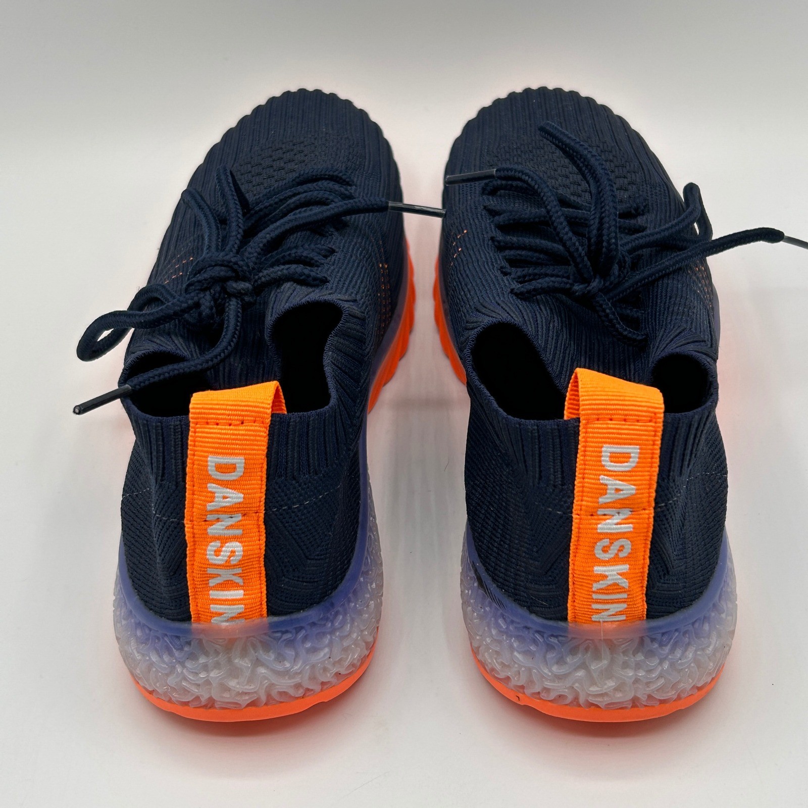 Danskin Positive Womens 7 Navy Blue Orange Neon Knit Vegan Athletic Sneakers