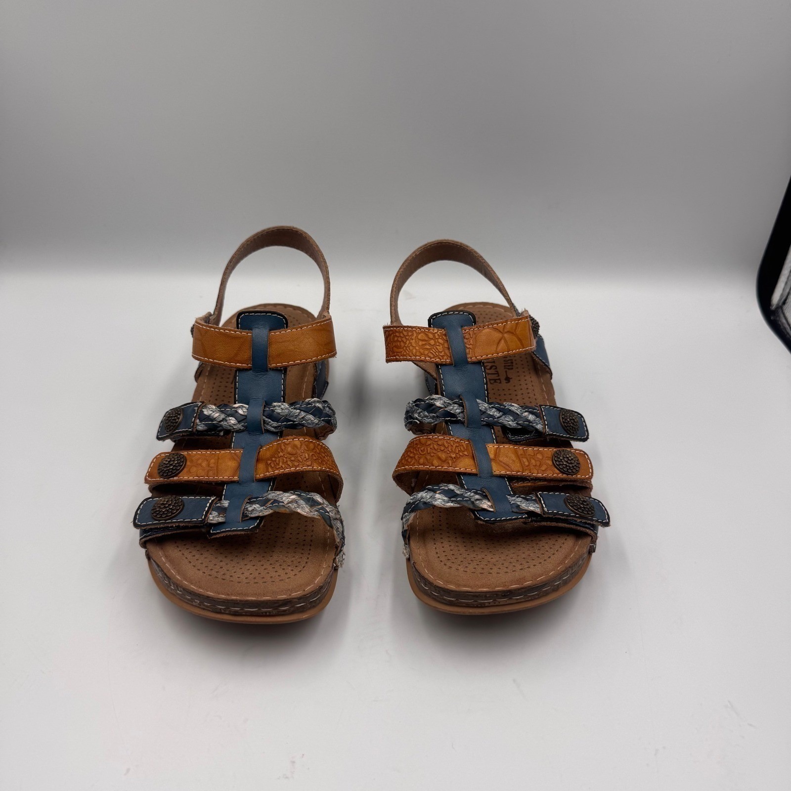L’Artiste Spring Step Brash-Blum Blue Tan Leather Sandals Boho Strappy Womens 37