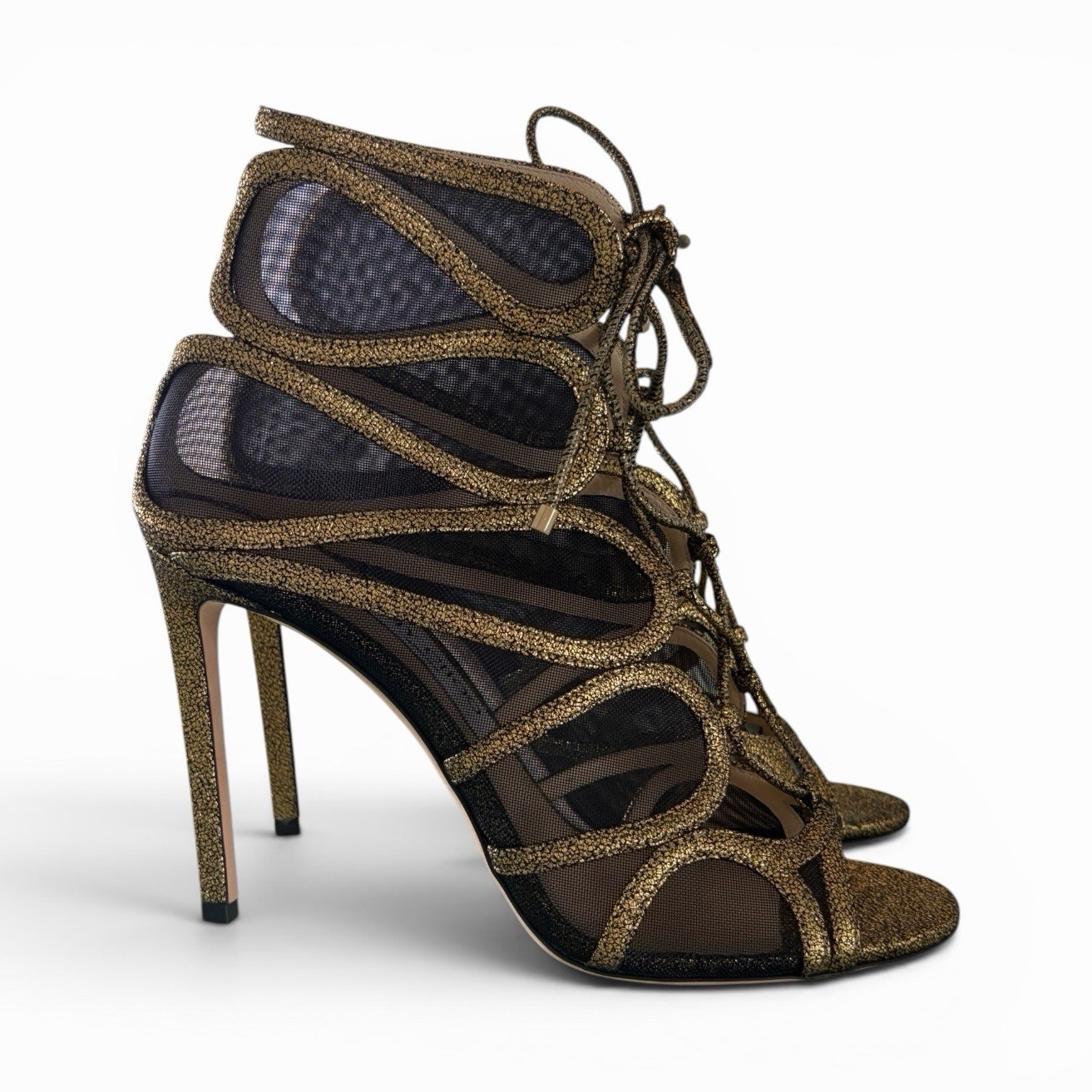 Jimmy Choo Women’s Light Bronze Lame Glitter Strappy Lace-Up Open Toe Stiletto 8