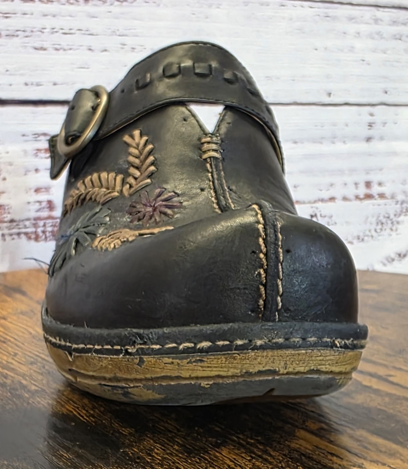 Clarks Structured Leather Mule Clogs Black Floral Embroidery Bohemian Retro 7M