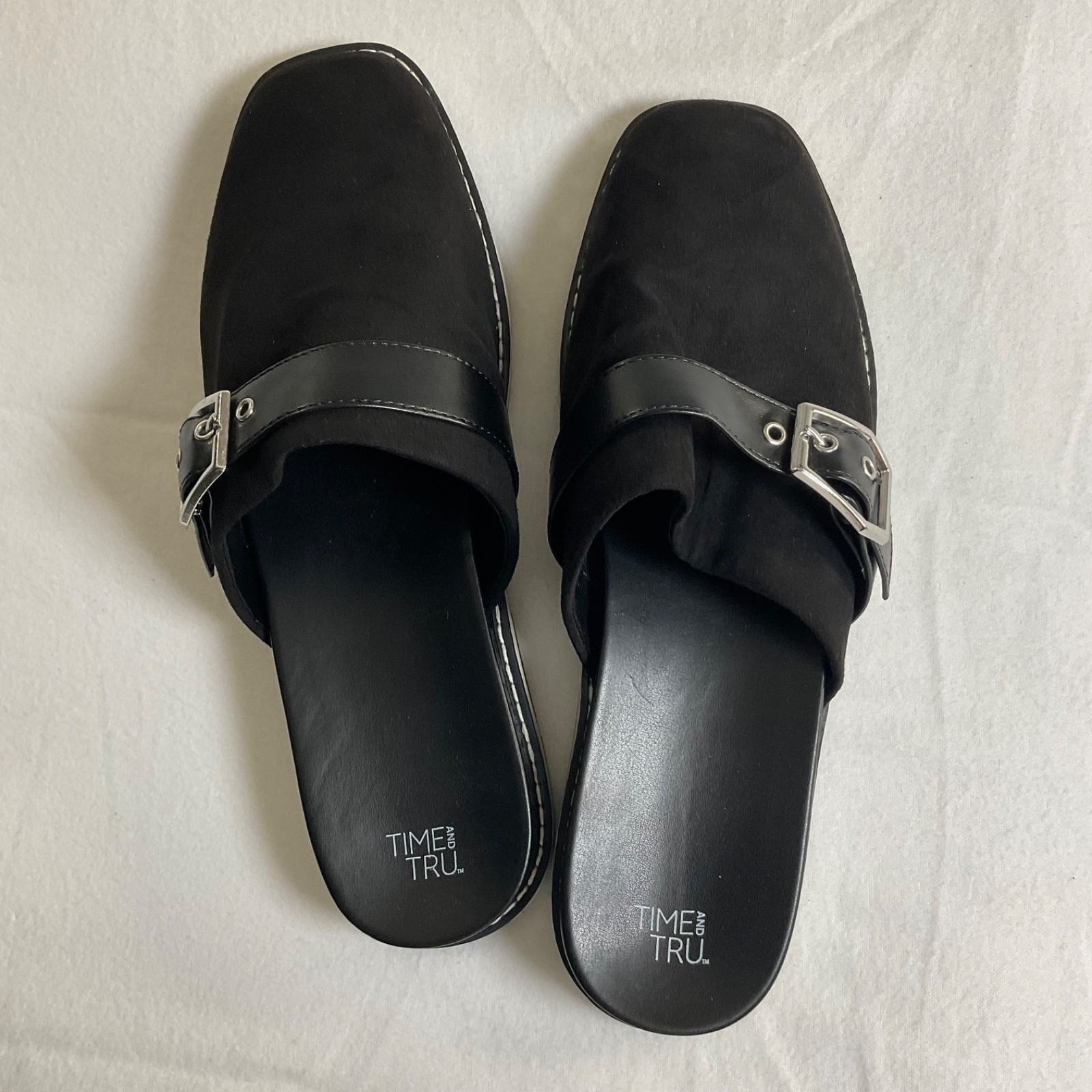 Time and Tru Women’s Black Faux Suede Buckle Mules size 10 New With out tag.