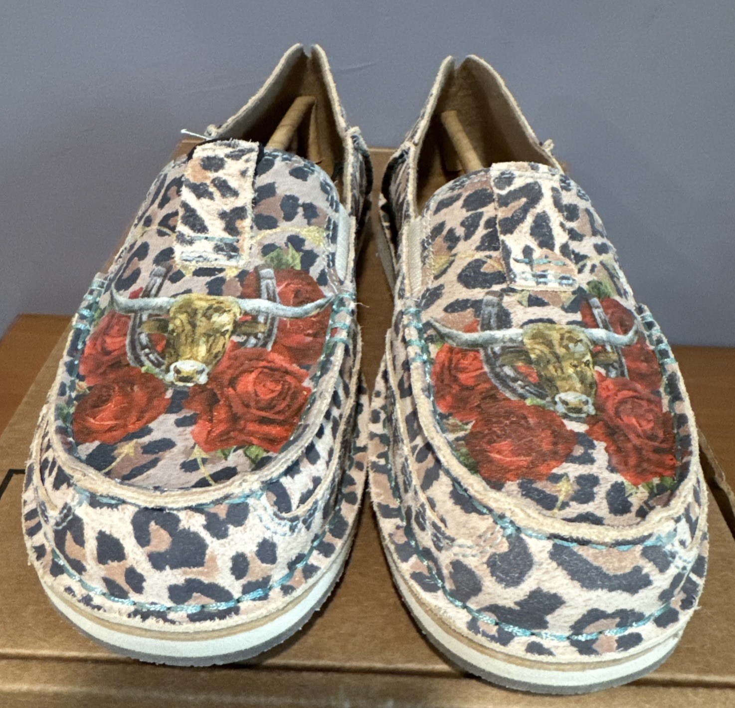 Ariat Cruiser Rodeo Quincy Women’s 7 Slip-On Cheetah Steer Roses Western Cowboy