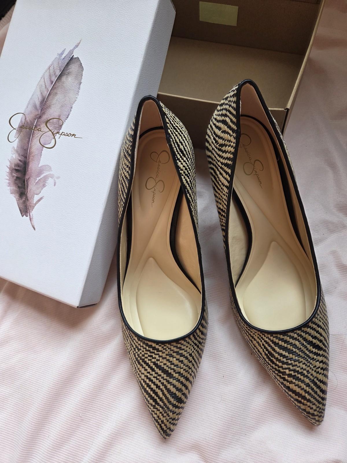 Jessica Simpson Nettles Pumps Safari Raffia Chevron Heels Natural Black NIB Sz 9