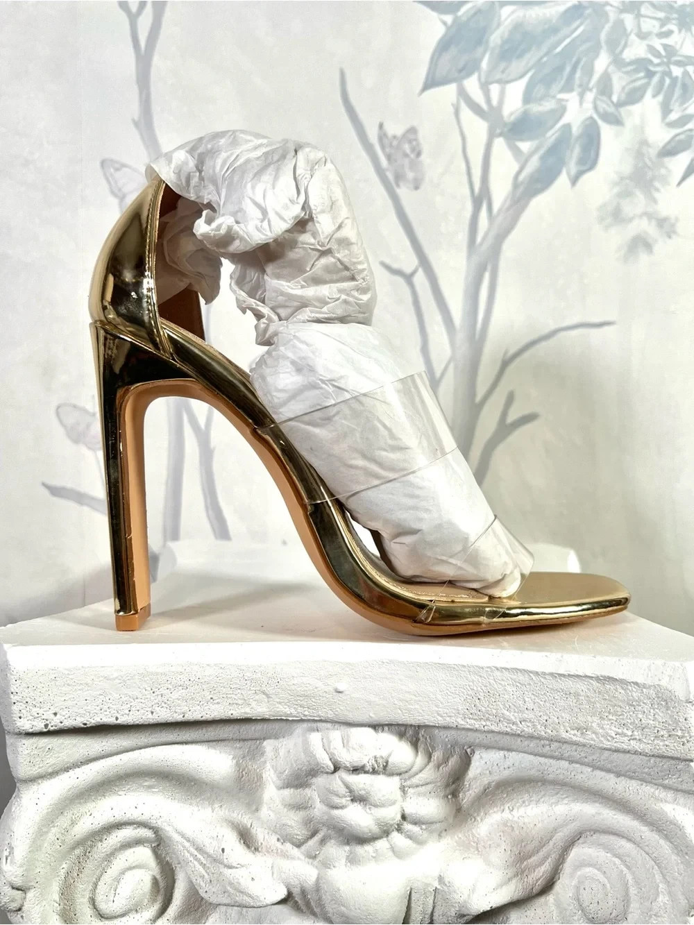 Gold High Heel Sandals with Clear Straps and Snake Wrap Ankle