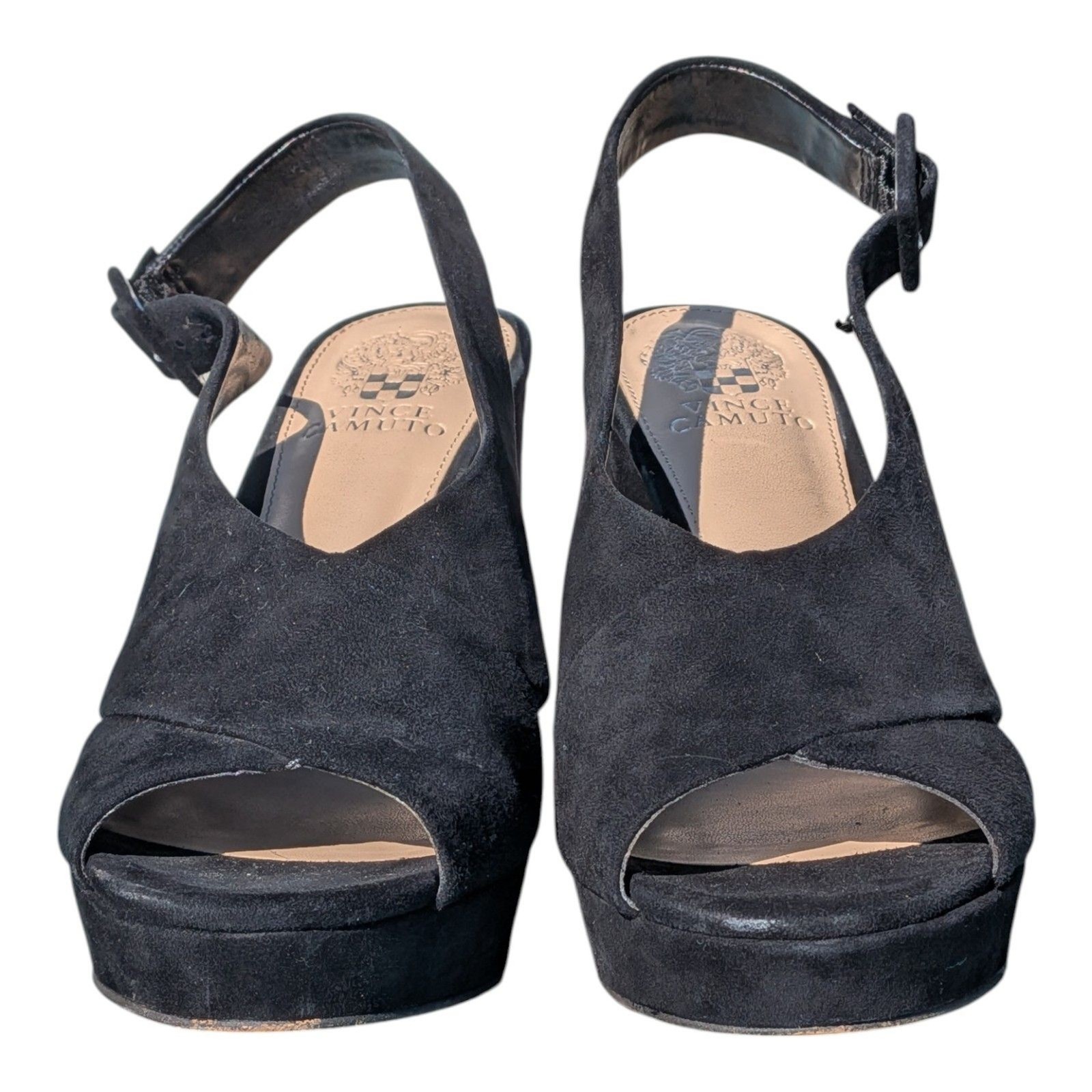 VINCE CAMUTO Women’s Javasan Peep Toe Suede Platform Sandals Black Size 7.5 Sexy