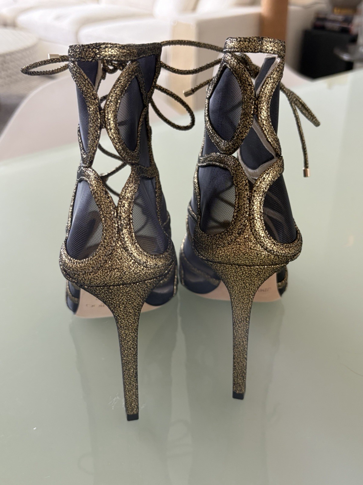 Jimmy Choo Women’s Light Bronze Lame Glitter Strappy Lace-Up Open Toe Stiletto 8
