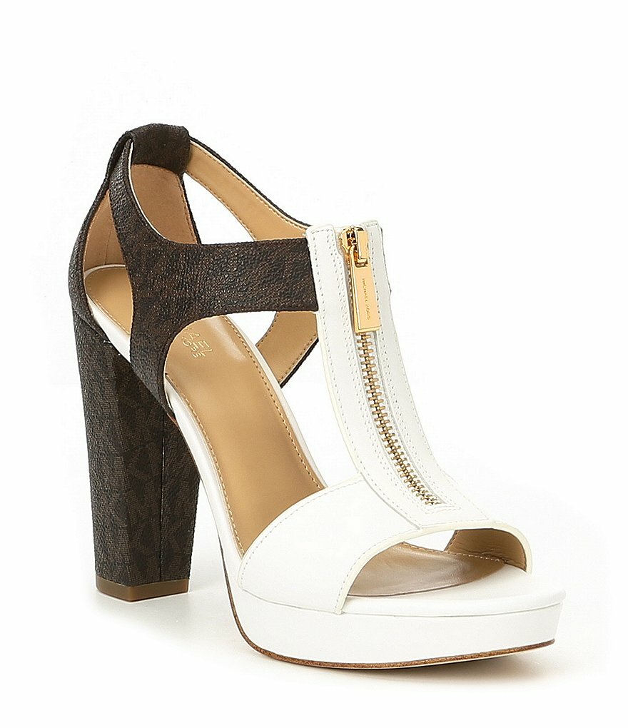 Michael KORS BERKLEY WHITE BROWN T STRAP MK PRINT GOLD LOGO ZIPPER I LOVE SHOES