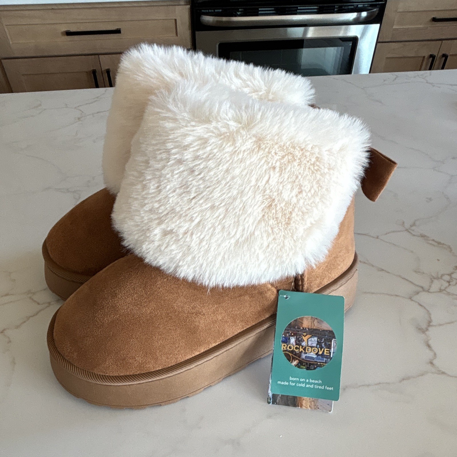 ROCKDOVE Women’s Suede Ankle Bootie Faux Fur Lined Bow Slip-On Round Toe 8