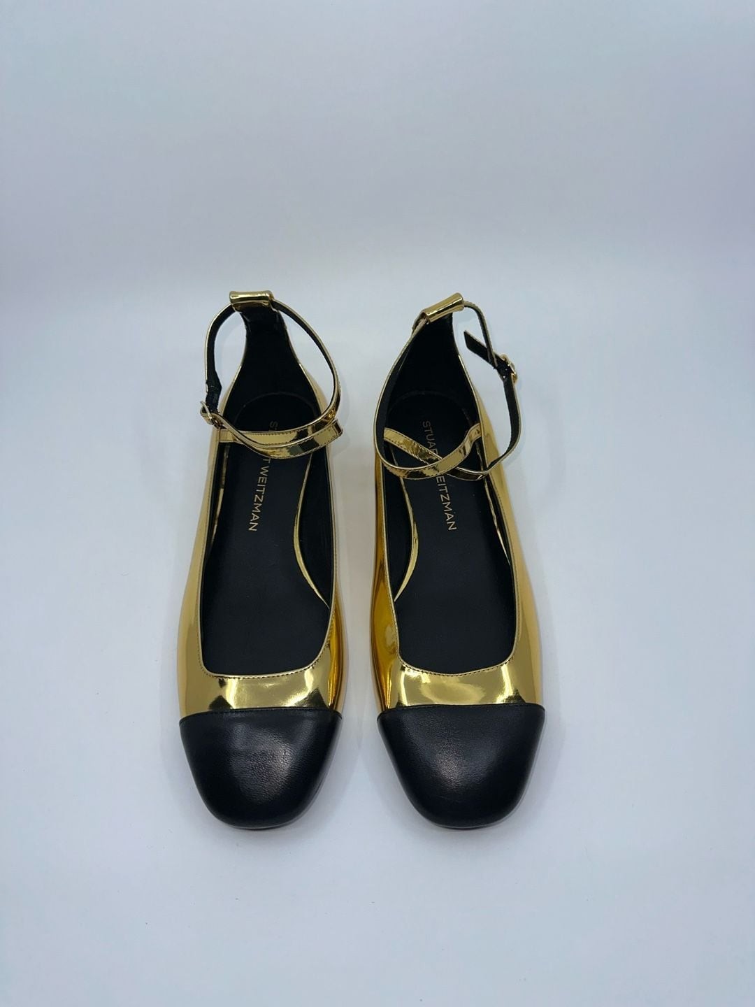 Stuart Weitzman Gold Metallic Mary Jane Flats with Black Cap Toe