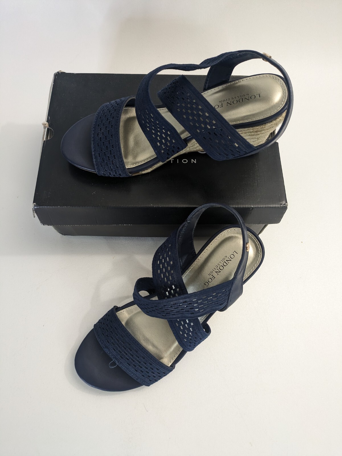 LONDON FOG Womens Pickwick Open Toe Espadrille Stretch Wedge Sandals Navy 8.5