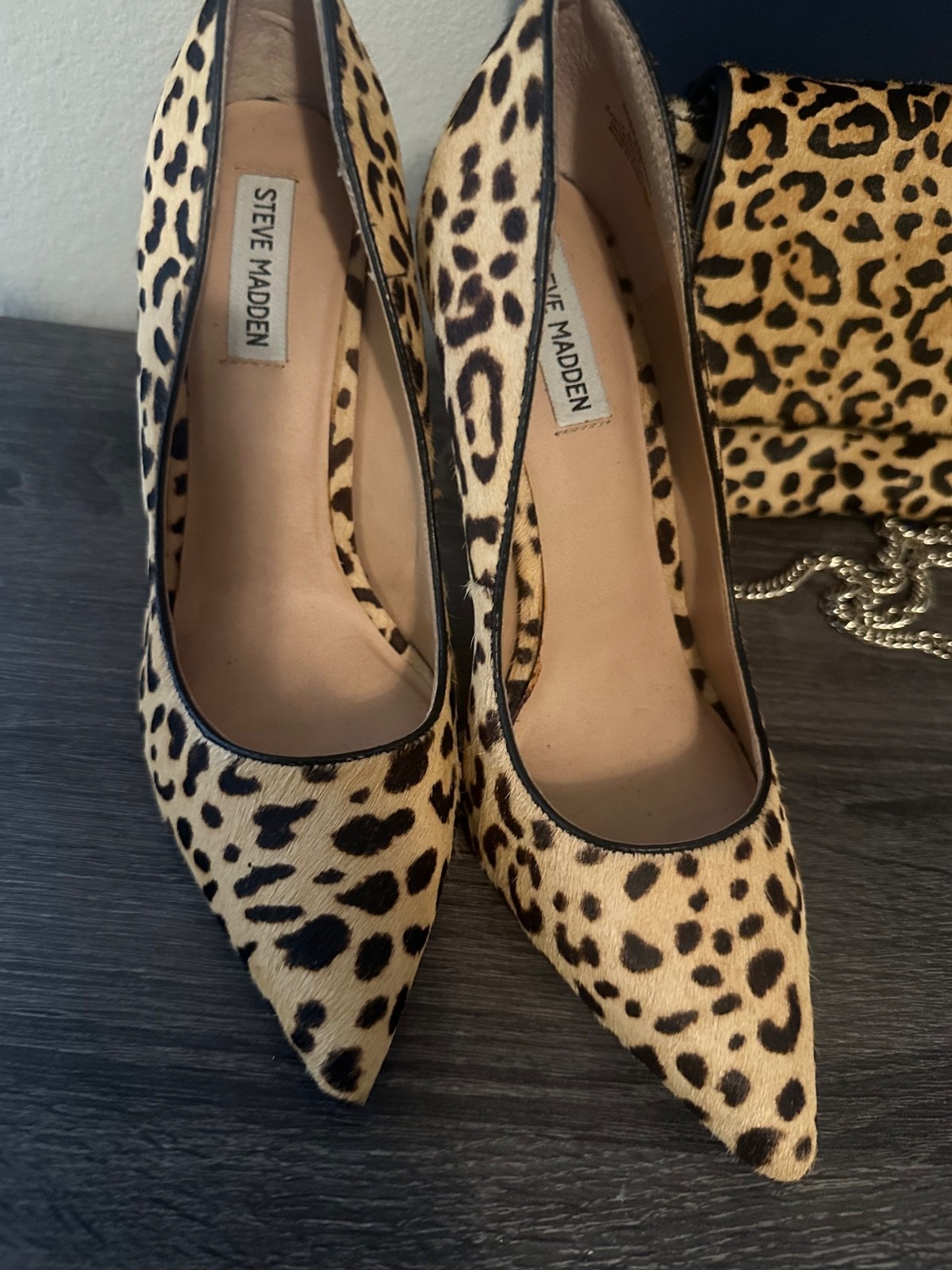 Steve Madden leopard print calf hair pumps and matching clutch set