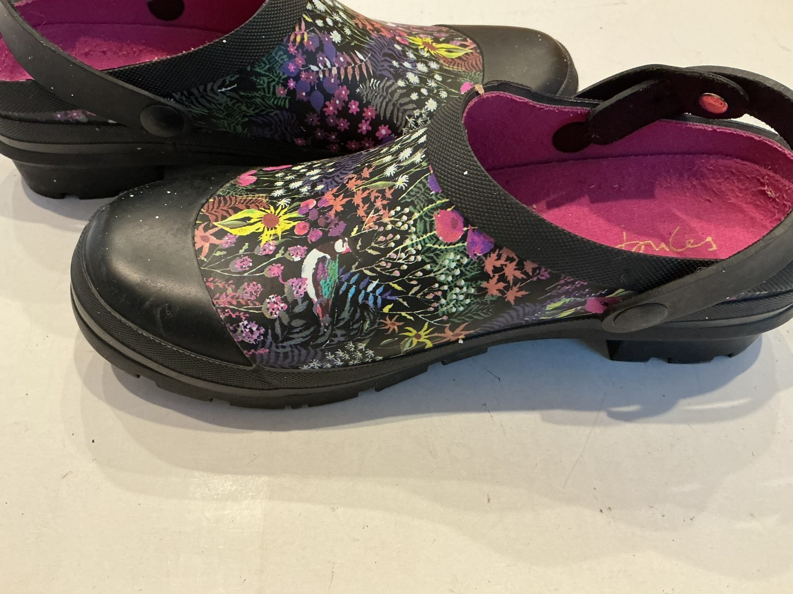 Joules Welly Clogs Size 8 Sling Back Black Ditsy Floral Garden Rain Pre-owned