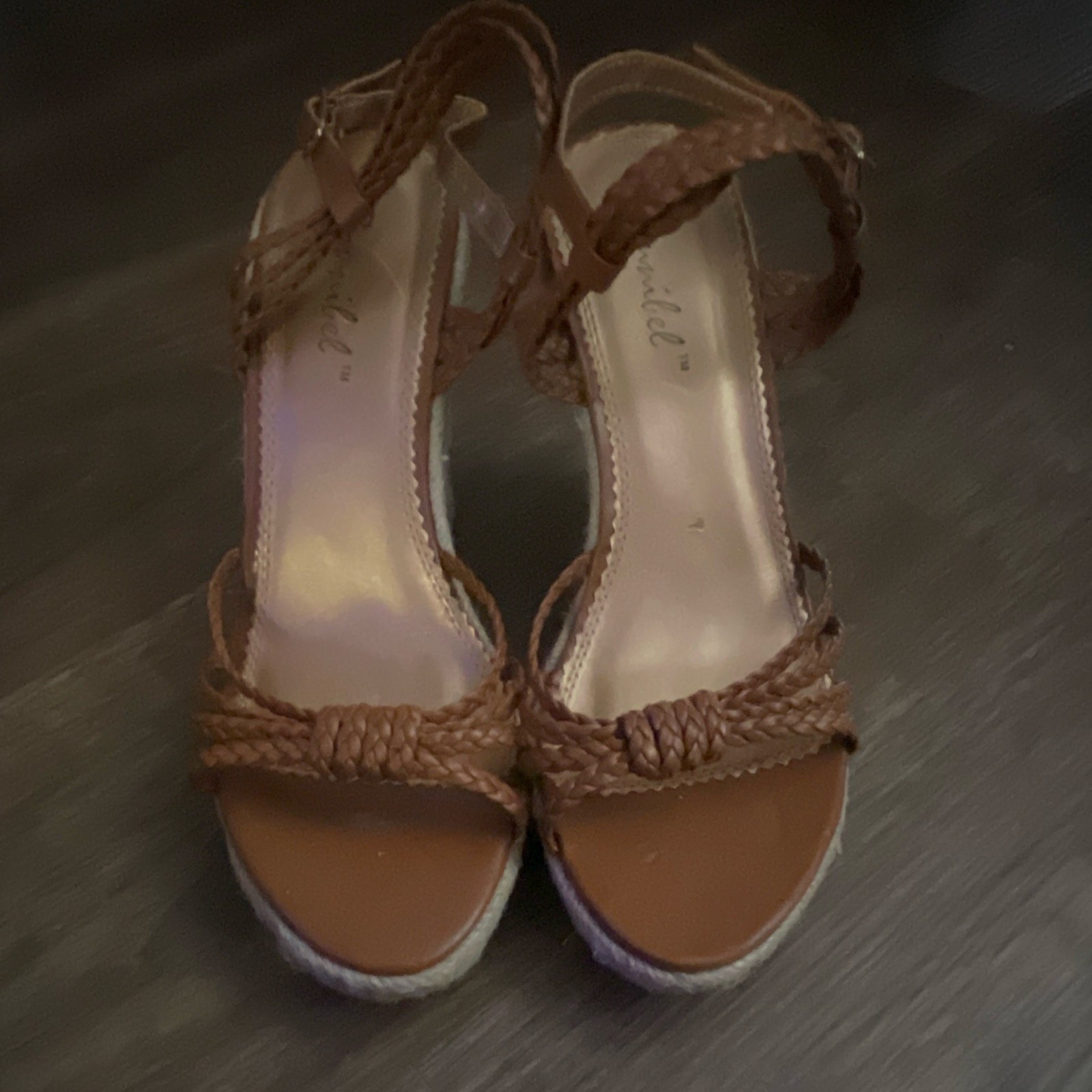 Bonnibel Women’s Brown Braided Strappy Wedge Sandals Ankle Strap Buckle 6.5