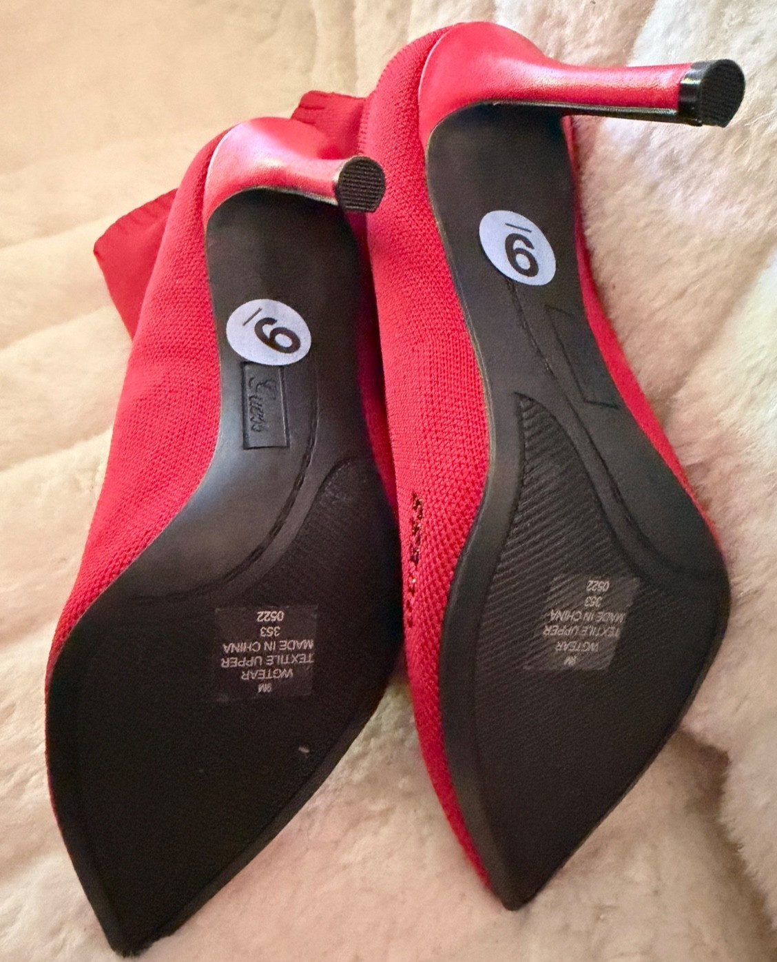 GUESS SIZE 9 Red Textile Upper Stretch Stiletto Logo Back Mid Calf Bootie NWOB
