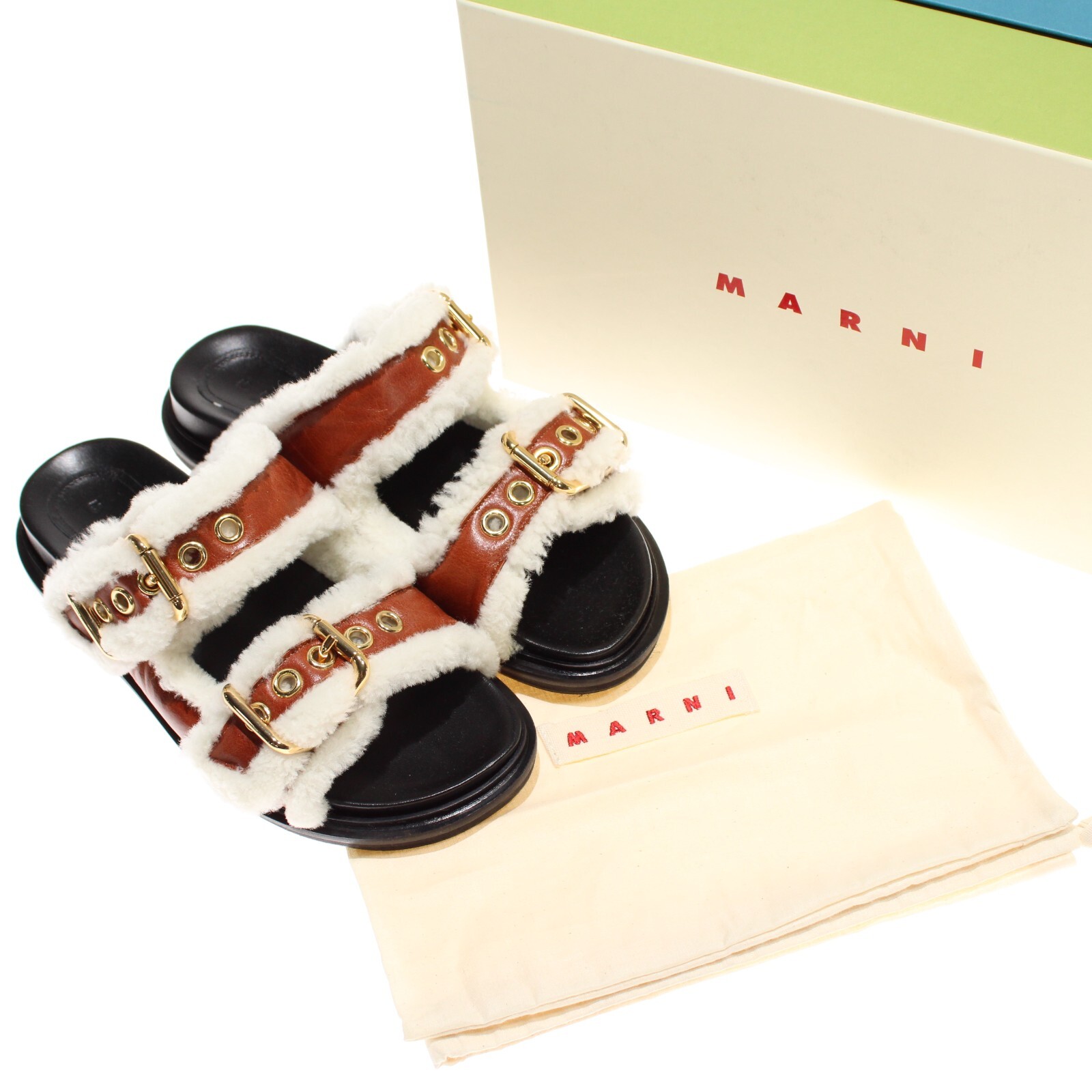 Marni NWB Fussbett Buckle Shearling Sandals Size 37.5 US 7.5 Brown/White/Gold