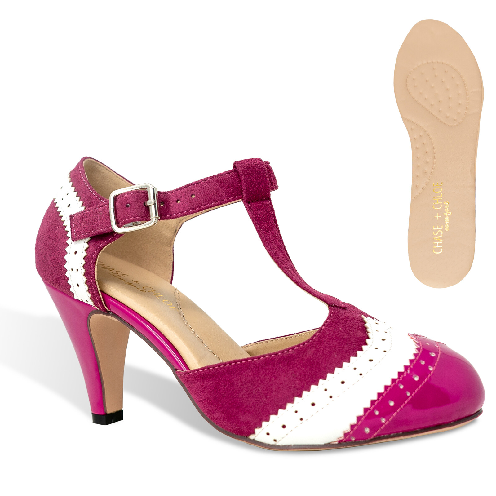 Chase & Chloe Kimmy-66 Closed Toe T-Strap Two Tone Oxford Pumps