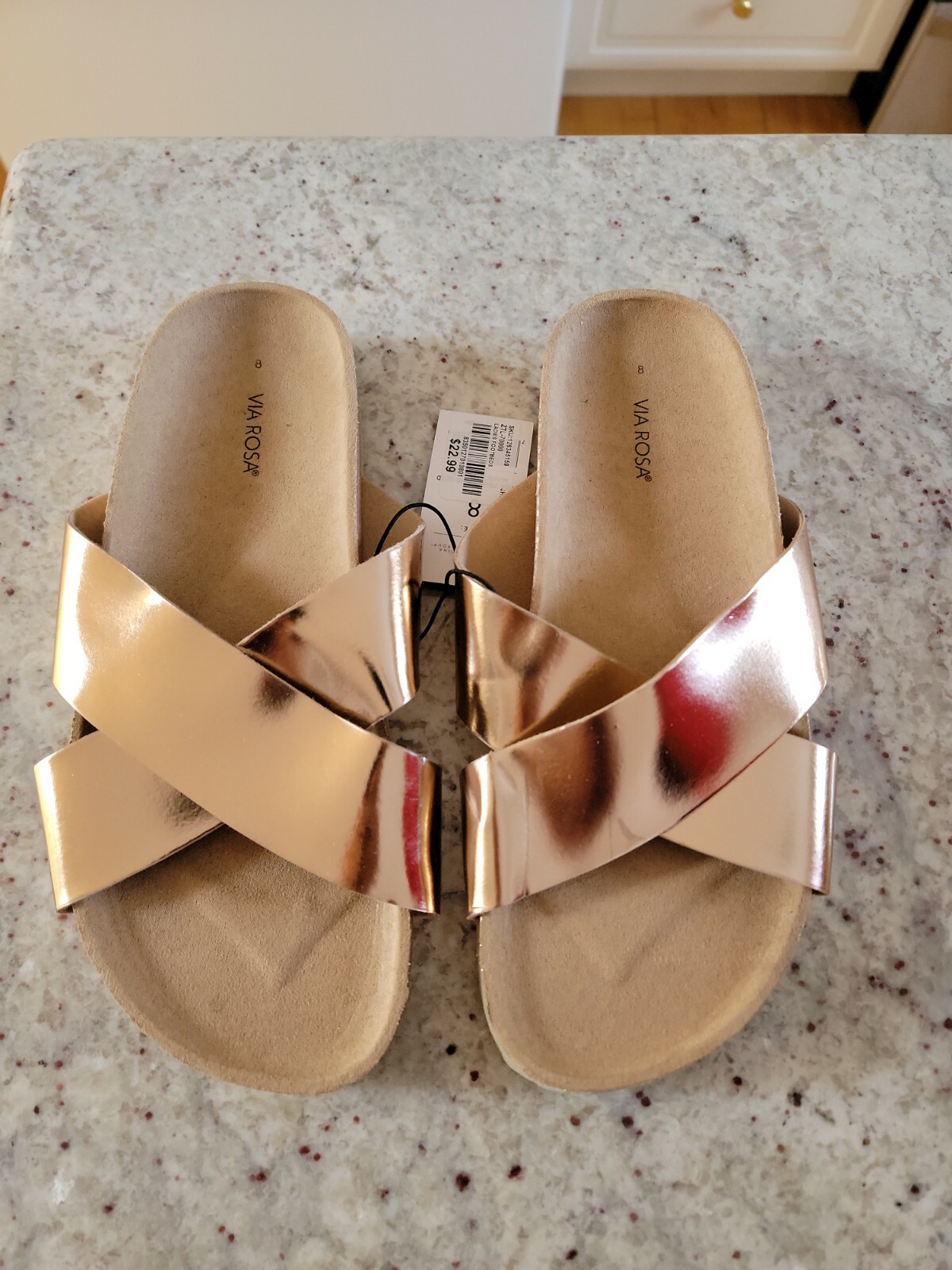 Via Rosa Women’s Slide Gold Sandals. Size 8. New Without Box