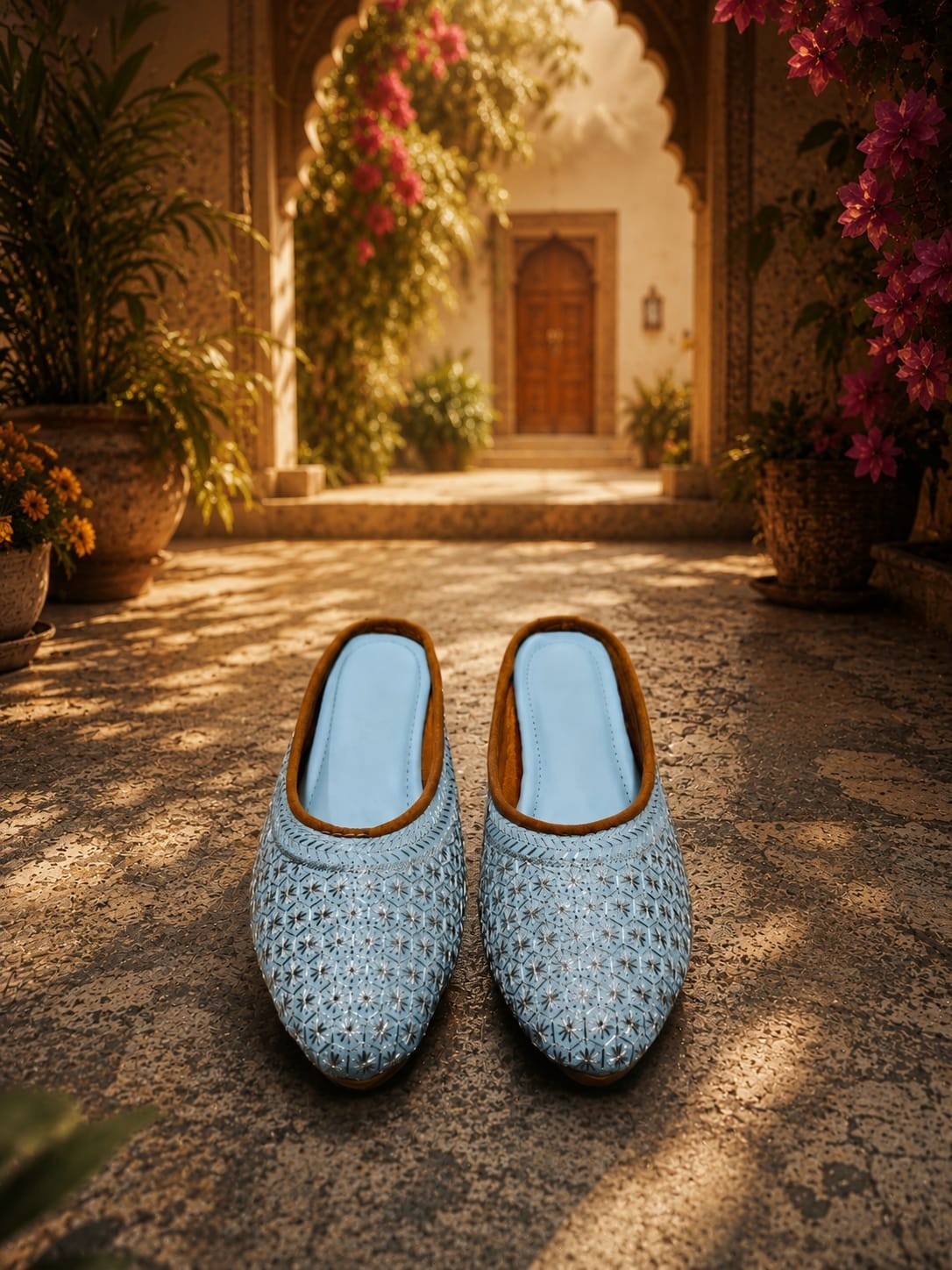 Women’s Sky Blue Embroidered Boho Mule Flats Slip On Ethnic Jutti Shoes