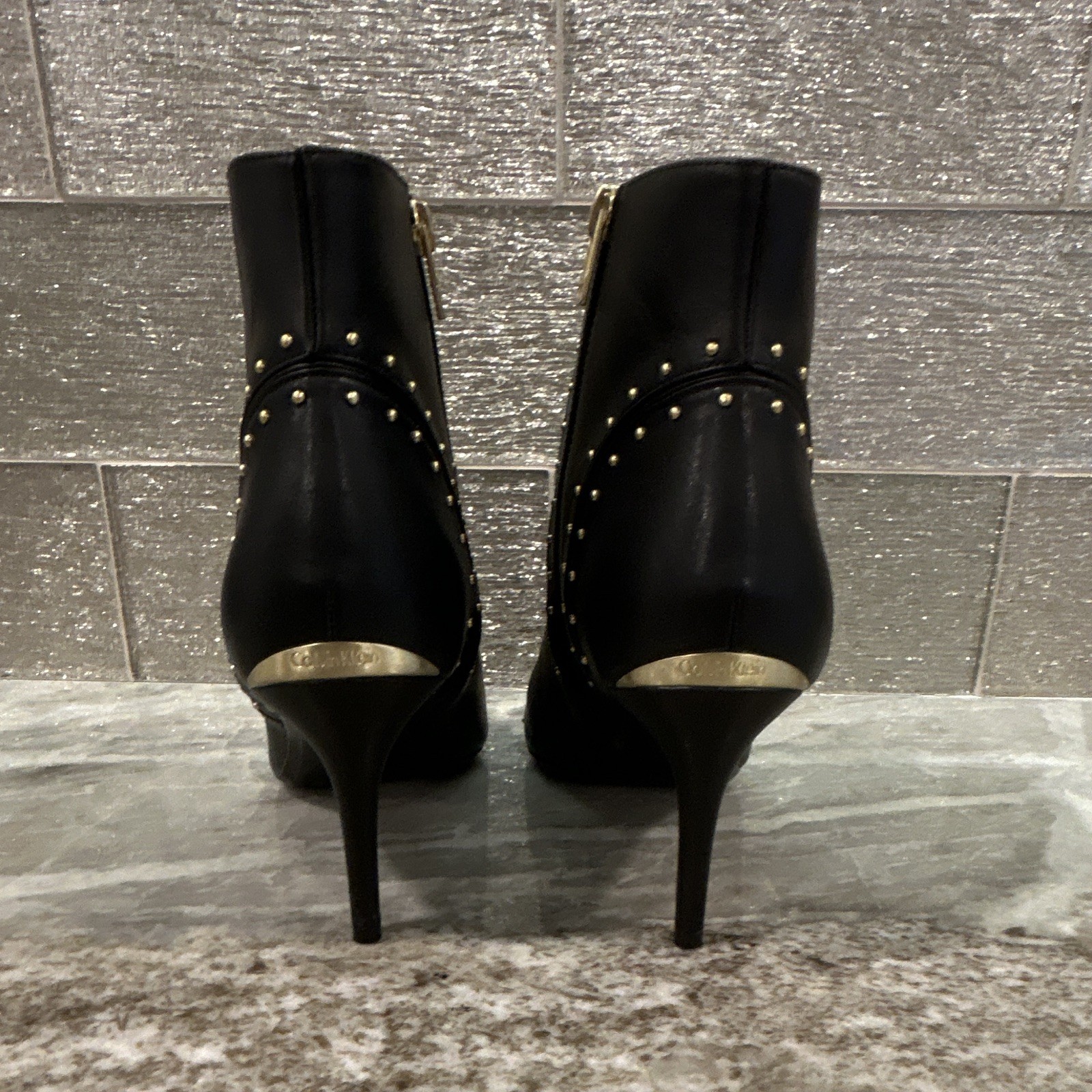 Calvin Klein Grazia Black Leather Studded Ankle Zip Booties Pointed Toe 9.5M