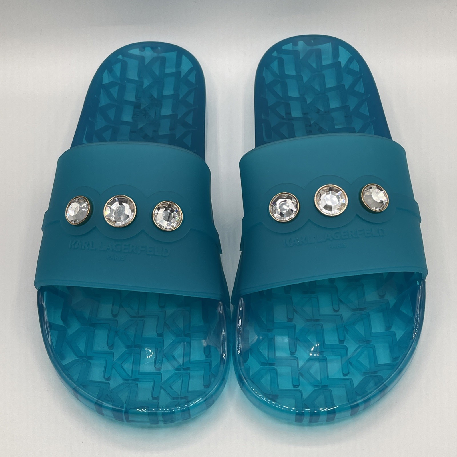 Karl Lagerfeld Paris Stylish Jelly Sandals Slides Blue Crystal Logo Size 11 New