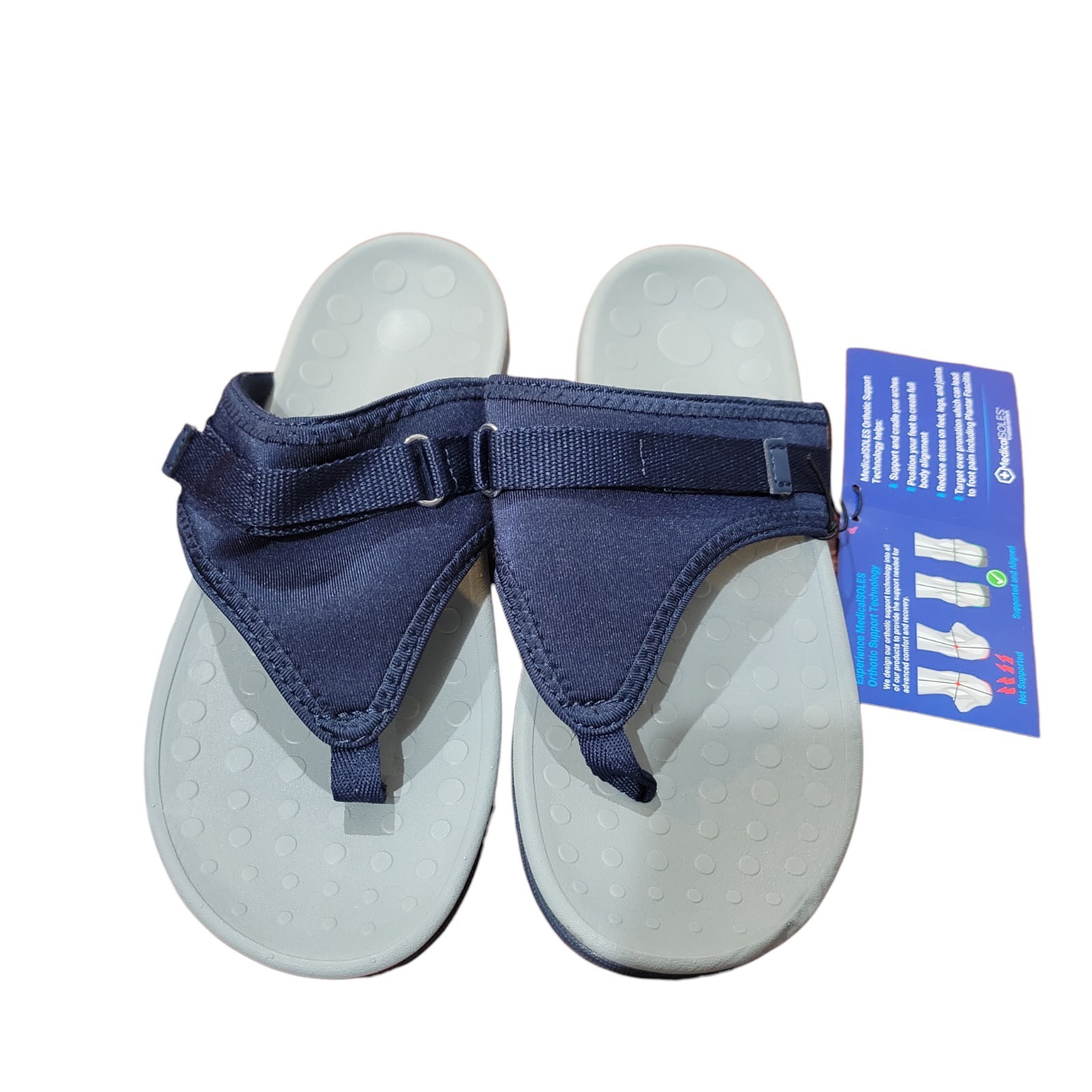 Medical Soles Orthotic Flip Flops Navy Adjustable Thong Sandals Sz 8