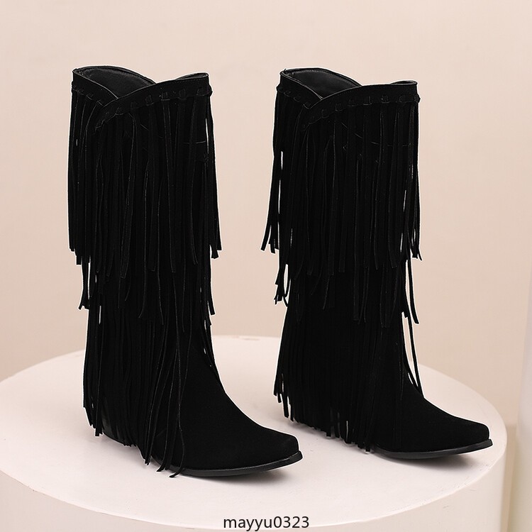 Womens Tassel Fringe Mid Calf Boots Mid Block Heel Western Cowgirl Shoes Hot