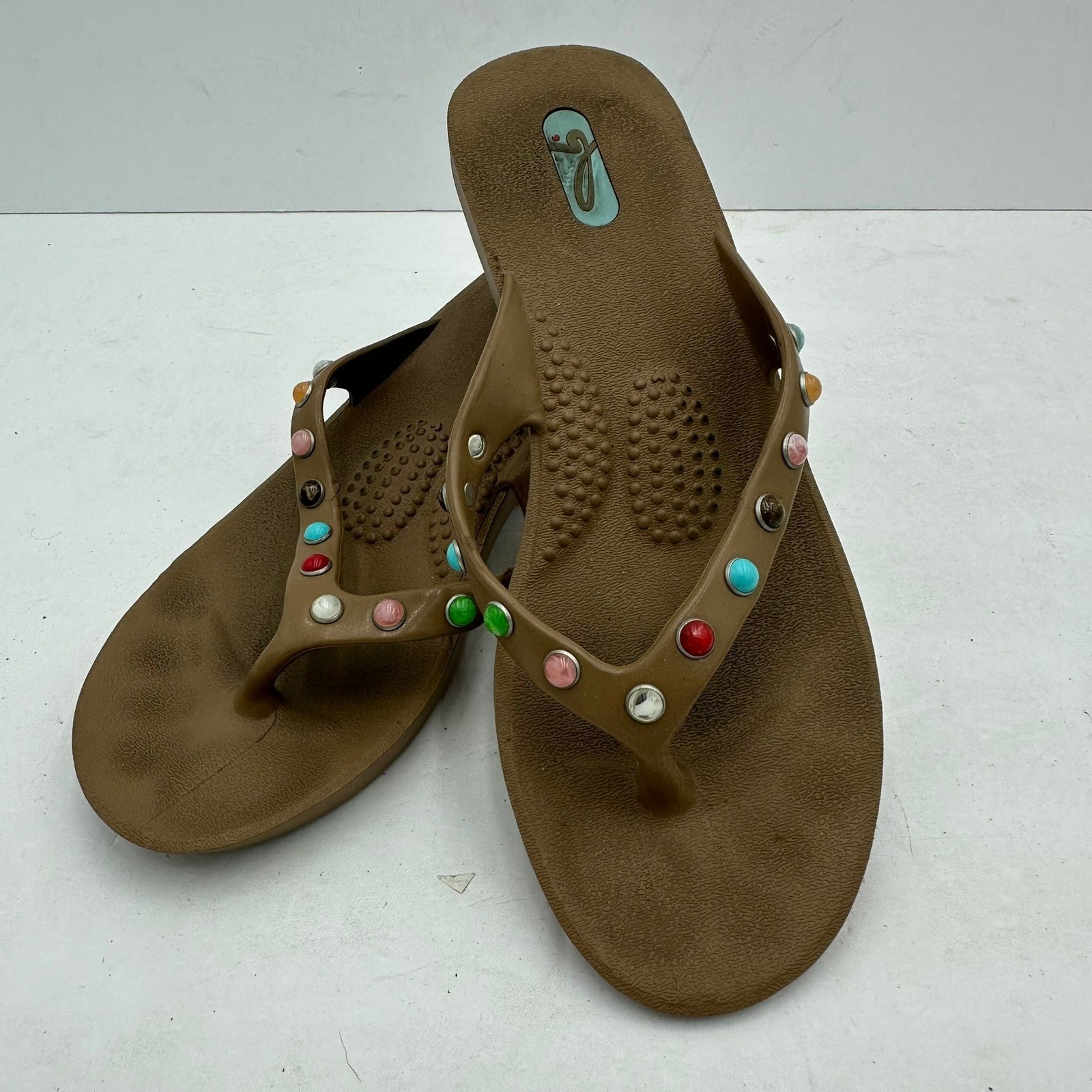 Oka B Womens Brown Studded Wedge Flip Flop Sandals Size S Made in USA 25036