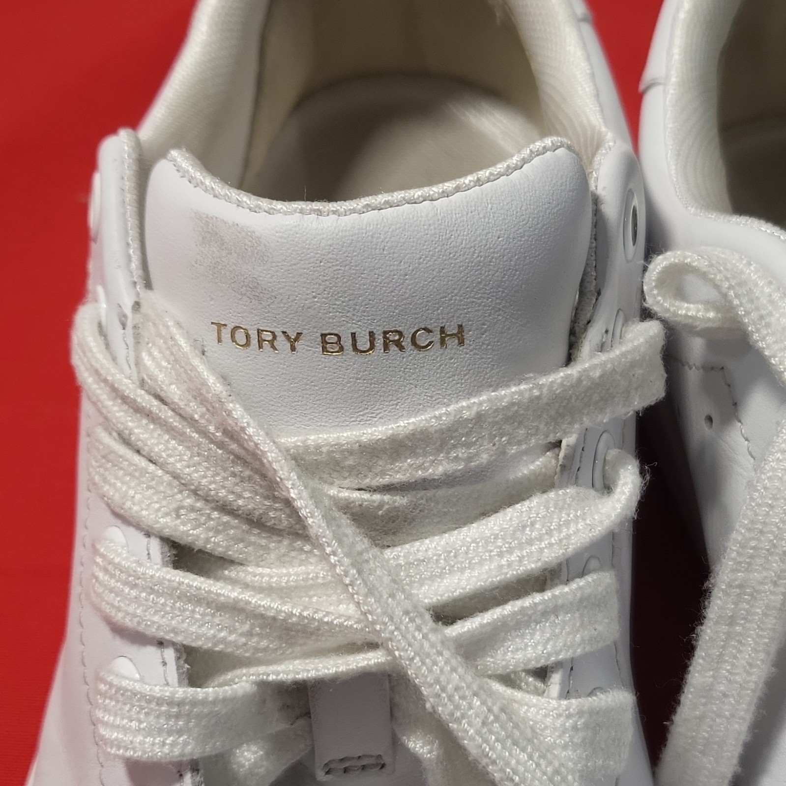 Tory Burch White Leather Lace-Up Low Top Sneakers Logo Accents Rubber Outsole